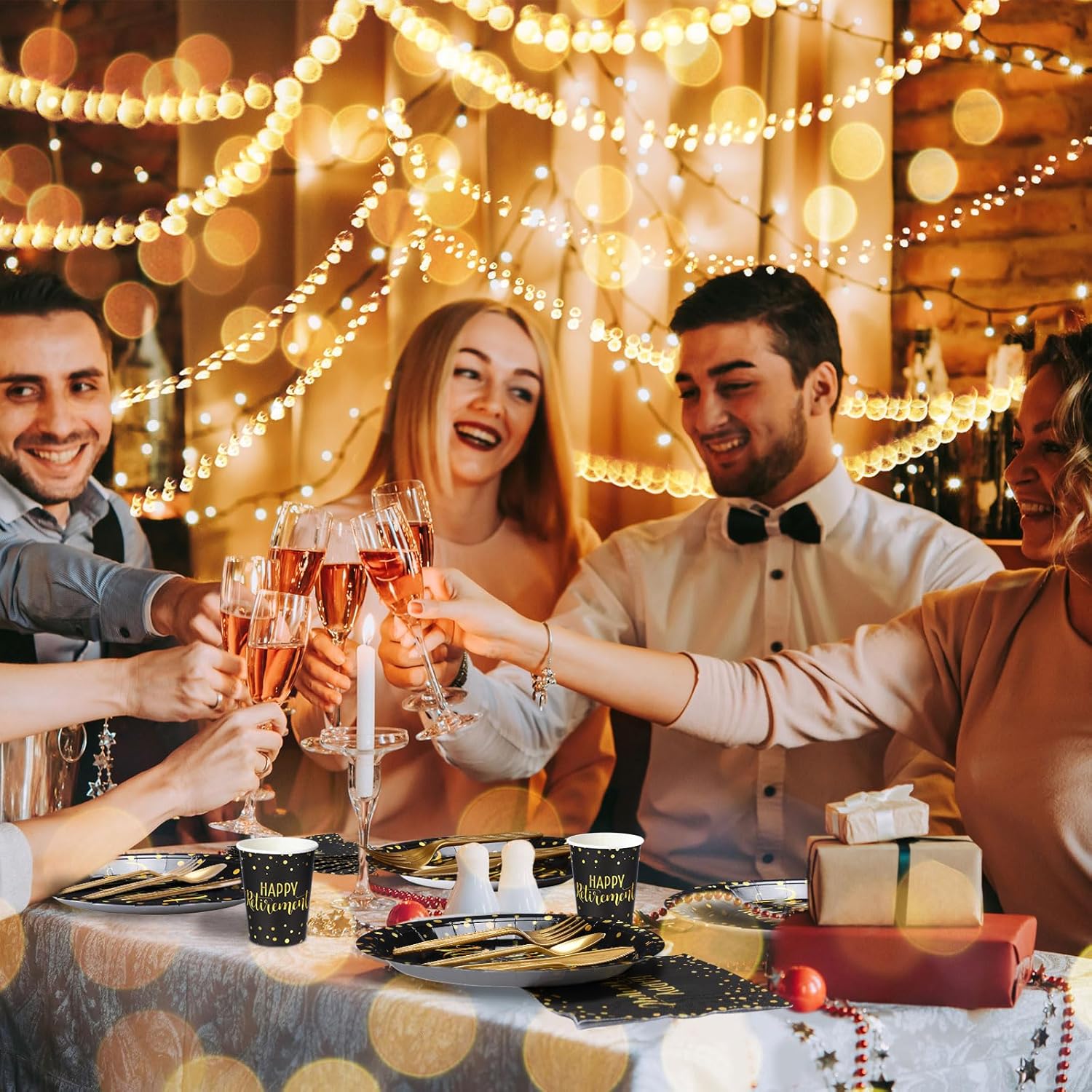 Pickmesh 192 Pcs Retirement Party Decorations Happy Retirement Paper Plates and Napkins Set with Cups and Knife Fork Spoon, Farewell Party Disposable Tableware for Guest (Gold Black)