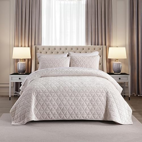 Homzard Velvet King Size Comforter Set, Luxury King Quilt, Cream White Bedding Set, Soft Bedspread, Lightweight for All Season