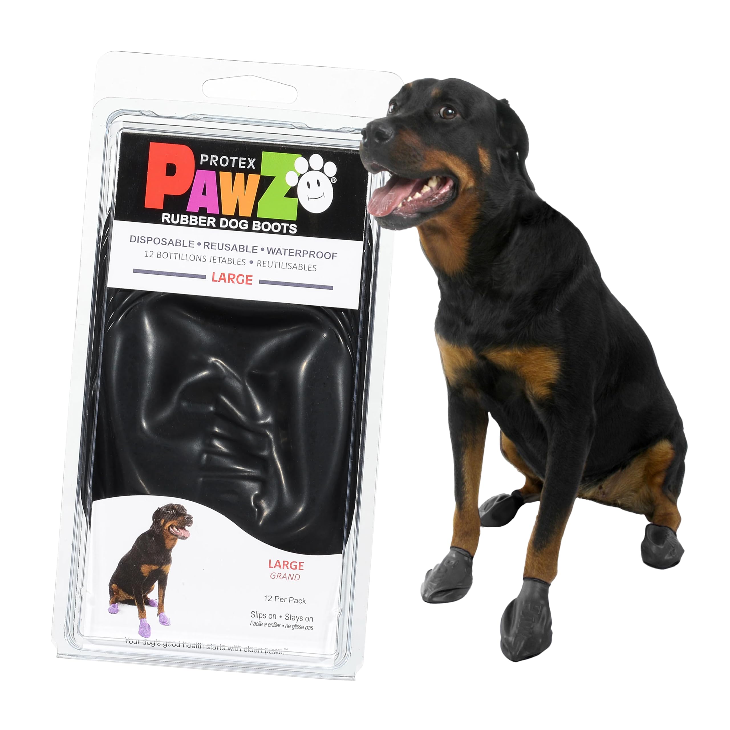 PawZ Rubber Dog Boots for Large Paws - All-Weather Waterproof Dog Shoes, Anti-Slip Traction for Rain, Snow, Mud & Hot Pavement - Pull-On Dog Booties, Black - Large (3"- 4") - Pack of 12