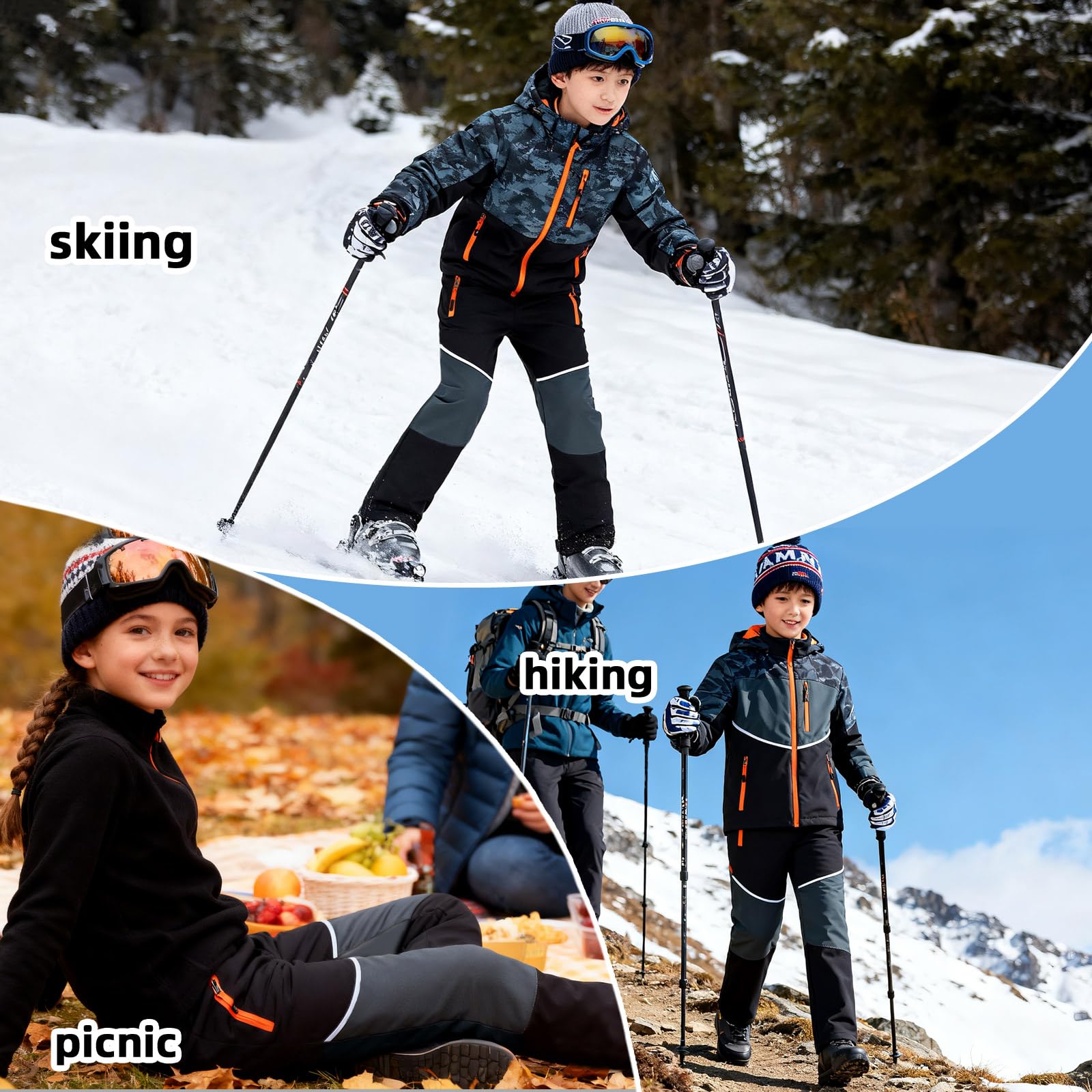 MEILONGER Pantalon de ski pour garçon et fille - Pantalon de ski - Pantalon de randonnée - Pantalon softshell - Coupe-vent - Chaud - Pantalon d'hiver - Pantalon thermique de trekking