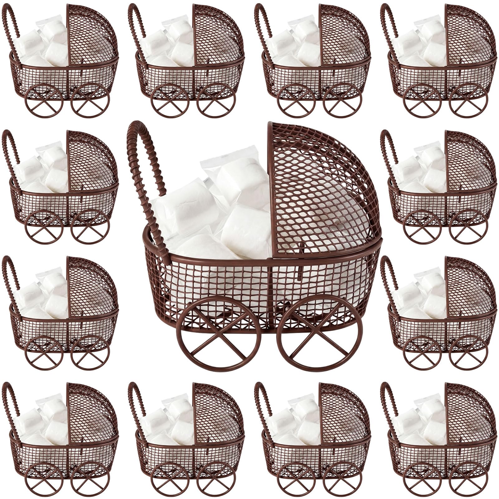 Threehoney 24 Pcs Baby Shower Mini Carriage Decoration Brown Highland Cow Color Metal Wired Fillable Candy Stroller Baby Shower Table Centerpiece for Guest Gender Reveal Wedding Party Favor Gift