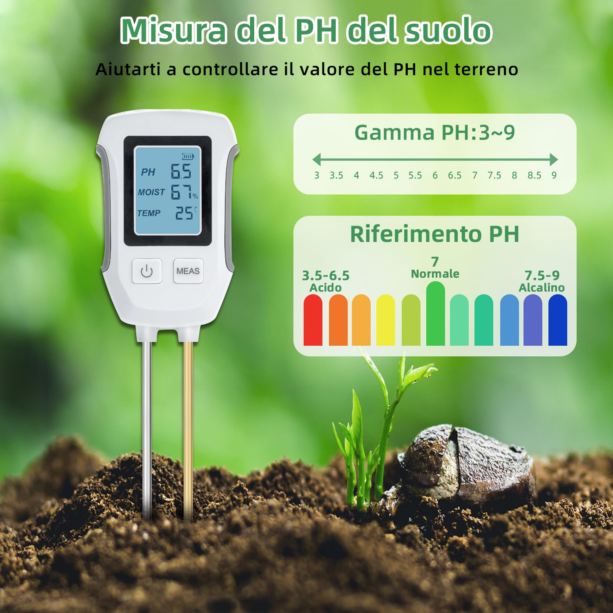 Mcbazel Misuratore PH del Suolo 3 in 1, Test del Suolo a Base Acida Rilevamento Temperatura umidità Tester di umidità con LCD retroilluminato Compatibile con Giardinaggio/Piante in Vaso/Fattoria