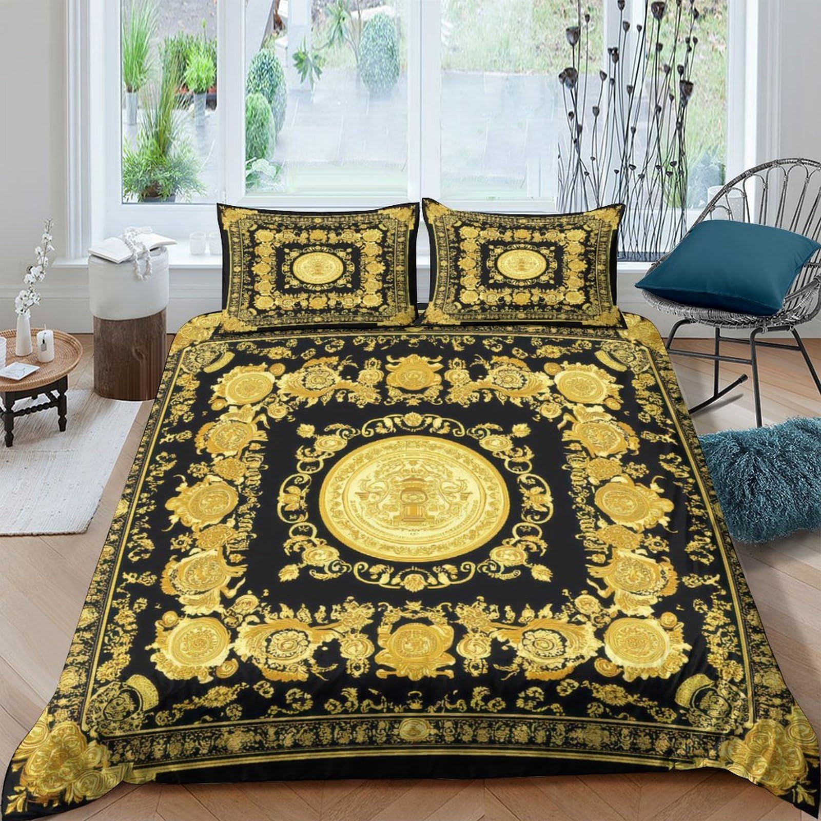 Ctjqhvkz Style-8 3D Printed Baroque Gold Ornament Fitted Sheet Microfiber Decorative Black Royal Medallion Mattress Cover For Bedroom Guest Room Single（135X200cm）