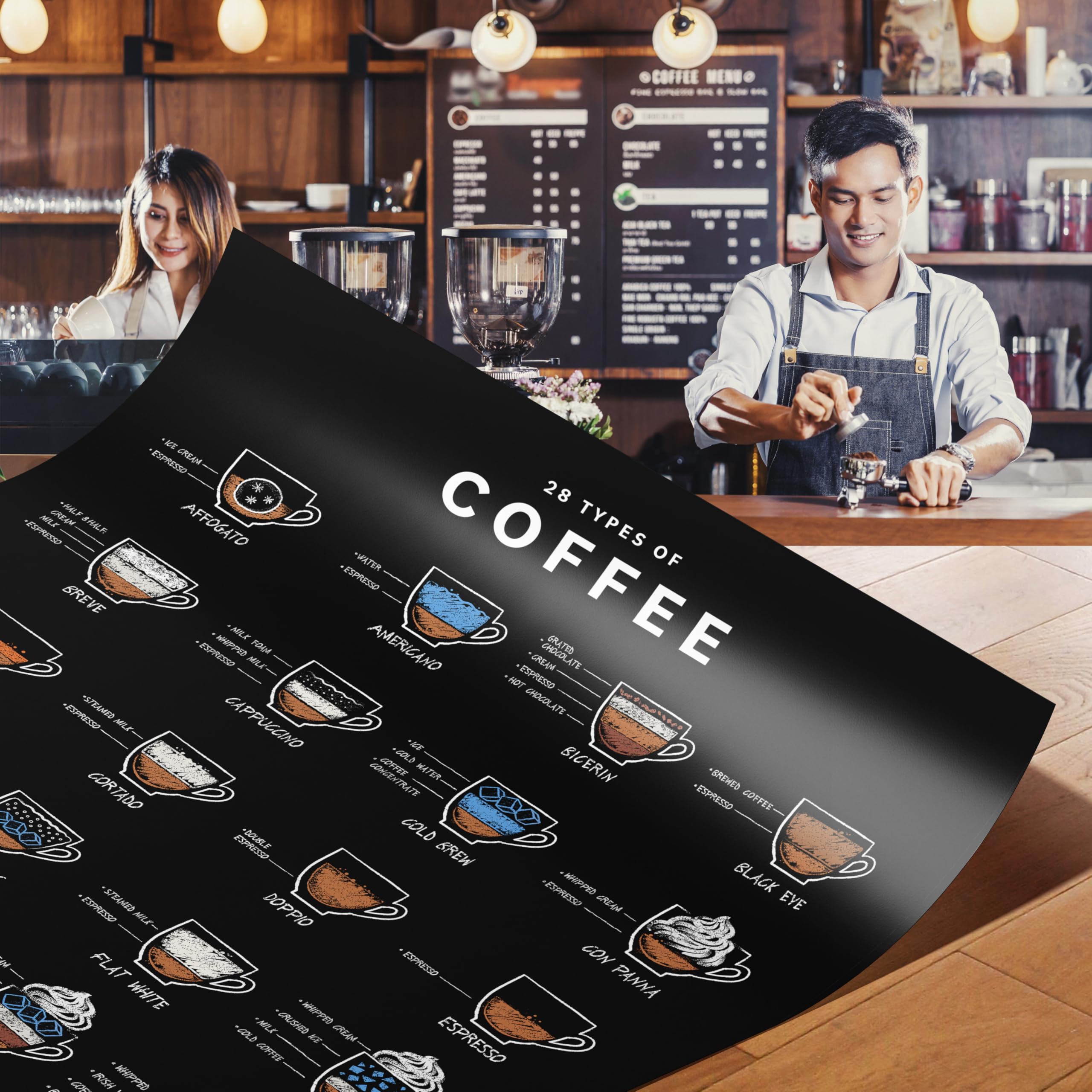 JUNOMI® Kaffee Poster DIN A2 schwarz, Rahmen Natur | 28 Kaffeesorten | Wandbild für die Küche und die Kaffeeecke, von Affogato bis Romano, als Aquarell oder in Kreidetafel-Optik