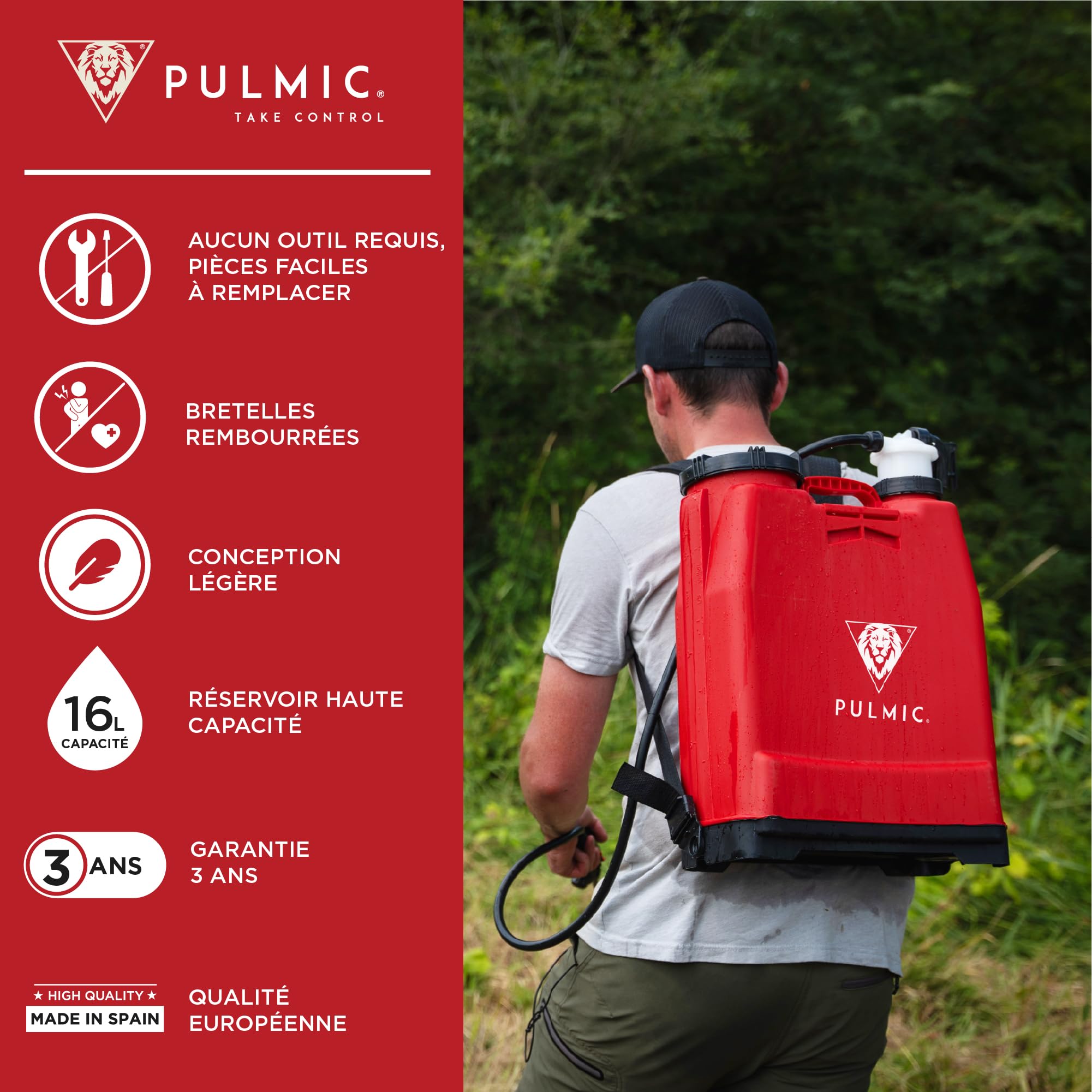 Pulmic Pulvérisateur Manuel à Dos 16 L, Lance en Fibre de Verre 67 cm, Professionnel pour Traitements Agricoles