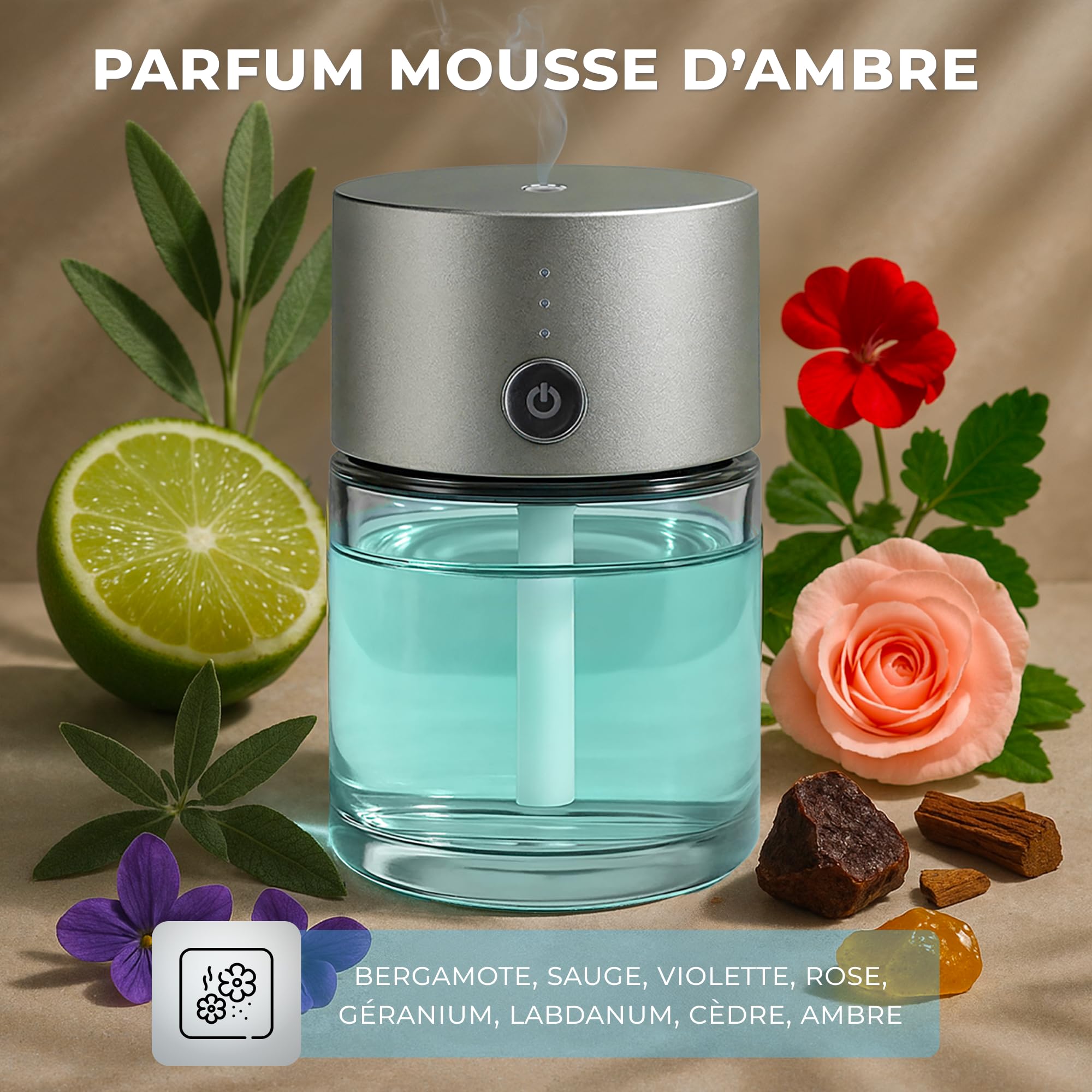 Diffuseur Parfum Voiture Automatique - Senteur Mousse d’Ambre - Désodorisant Voiture 80ml sans Fil - Diffuseur Huiles Essentielles Intelligent & Ultrasonique