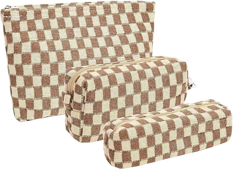 Necessaire de maquiagem KOTORA com 3 peças, modelo xadrez, marrom