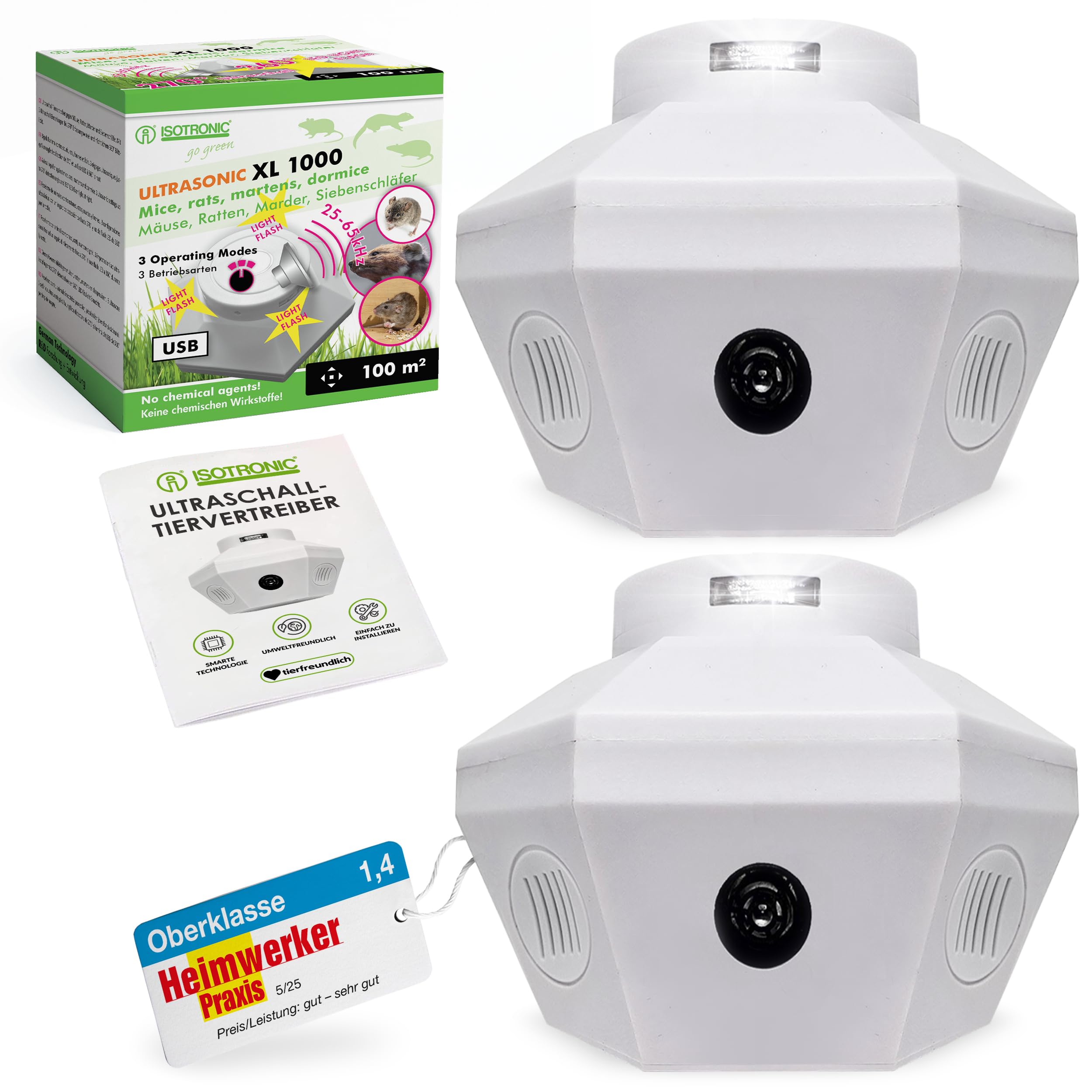 ISOTRONIC® Marderschreck mit Stecker - für 2 x 100 qm | Tradition seit 1979 | Mäuseabwehr für Dachboden, Haus, Lager, Garage, Carport | Anschluss an eine Steckdose | mit Ultraschall und LED-Licht (2)