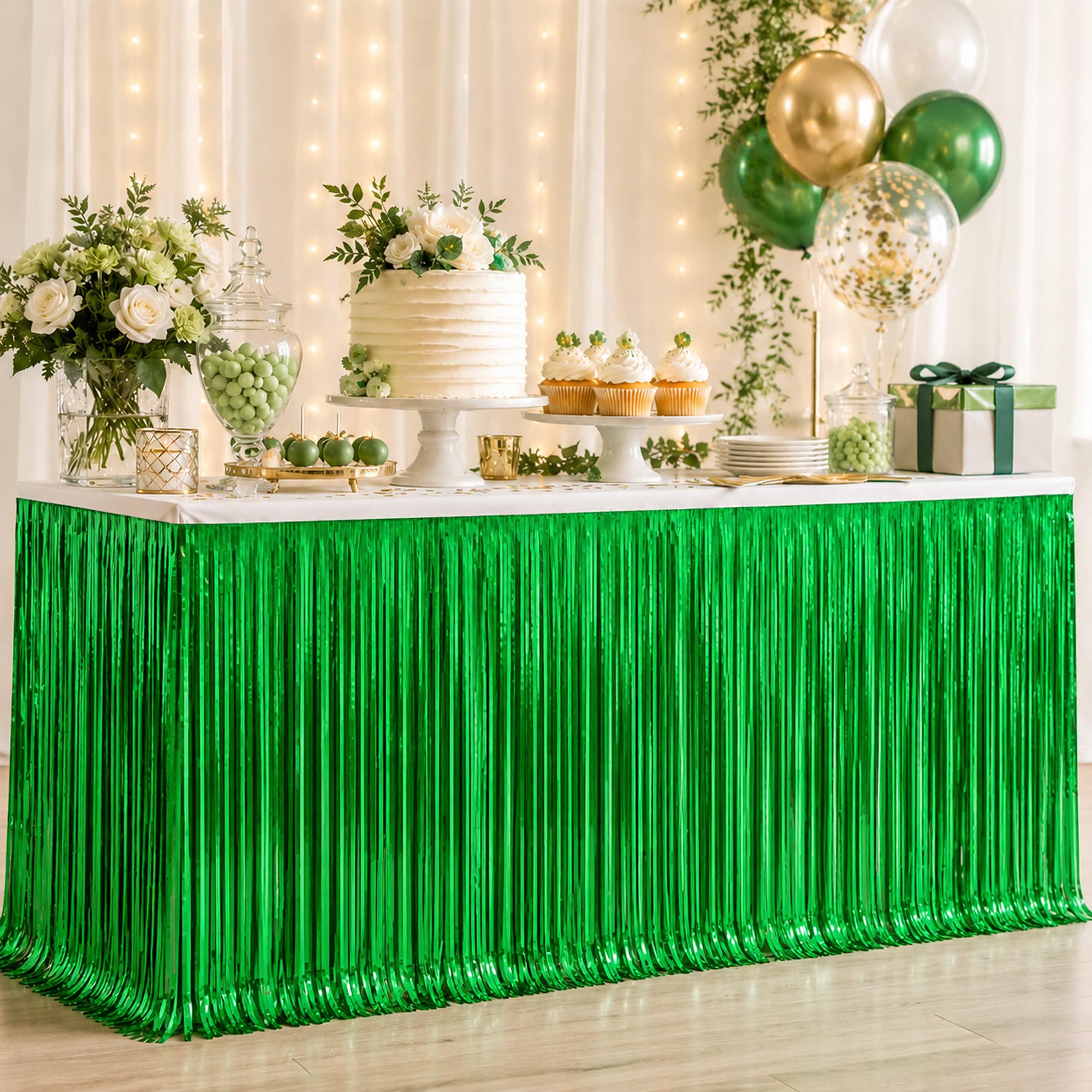 Green Foil Fringe Table Skirt, 2 Pack, Metallic Tinsel Streamers, 29x108 In