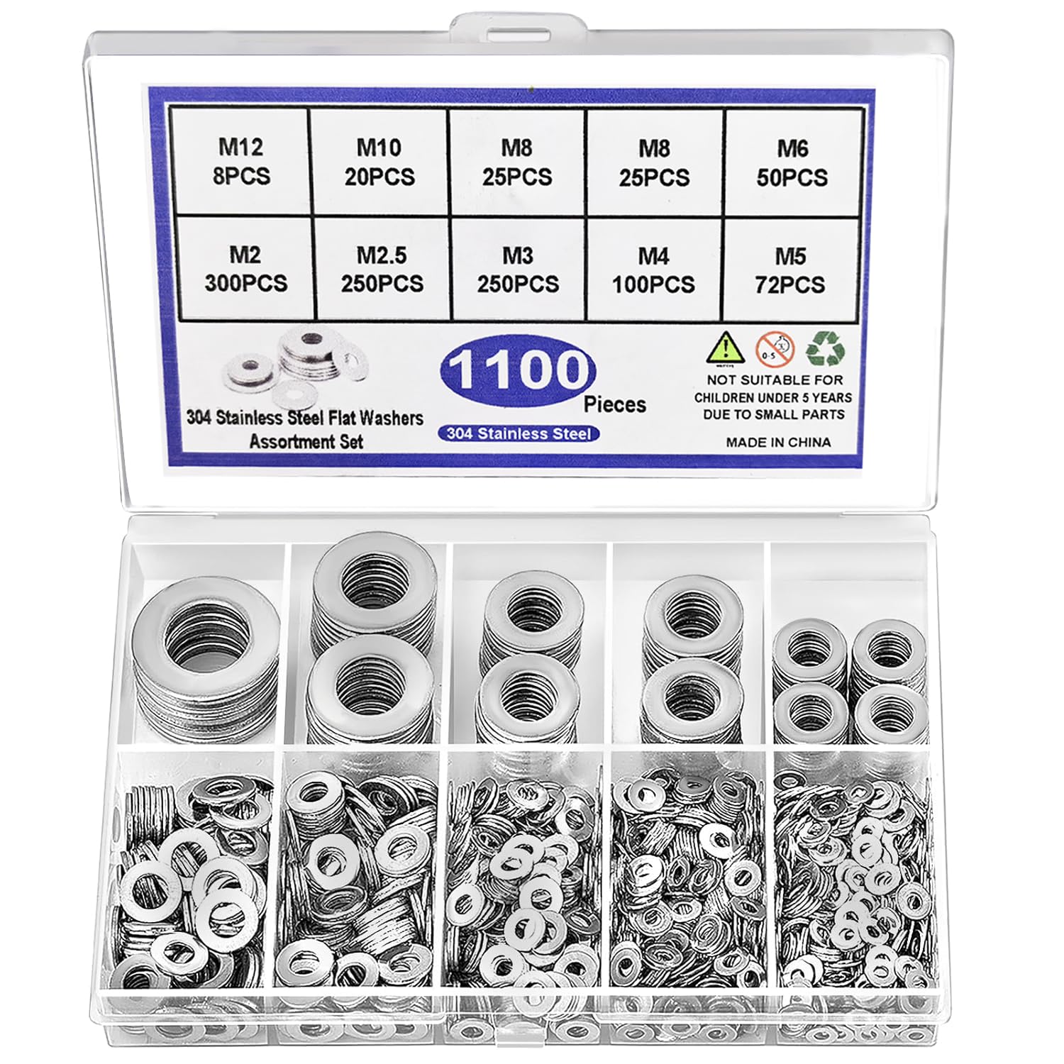 1100 Pcs 304 Stainless Steel Flat Washers Assortment Kit - 9 Sizes (M2-M12), Metal Washers for Screws & Bolts, Ideal for Automotive, Industrial, DIY Use