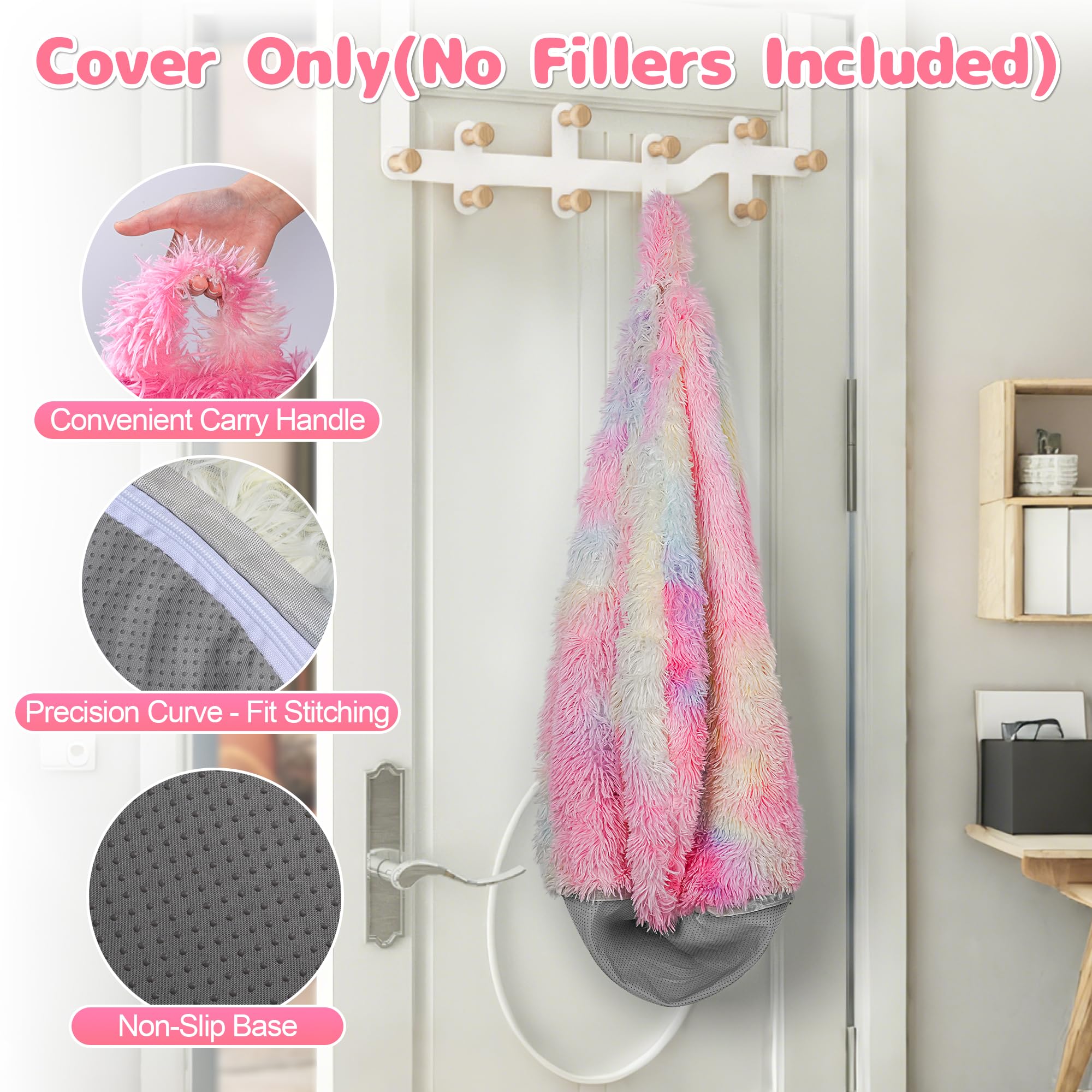 Funda para puf de piel sintética esponjosa para niños y adultos (sin relleno) - Almacenamiento antideslizante para animales de peluche para salón y dormitorio (arco iris)