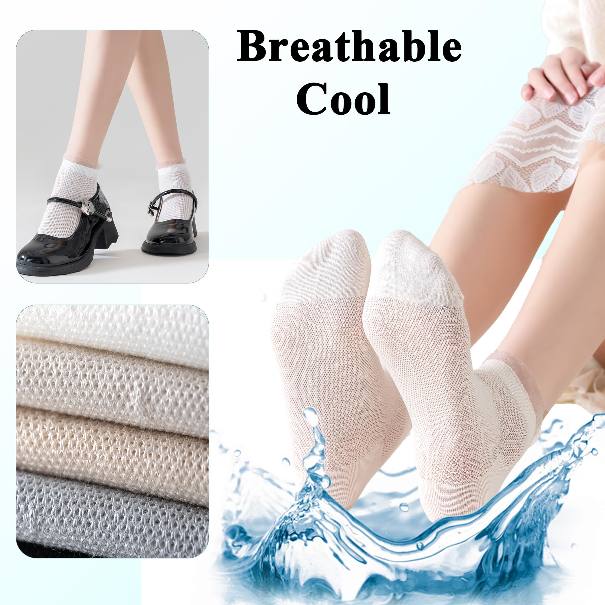 bropapa Women's Ankle Socks,Frilly Lace Top, Thin Cotton, Breathable Mesh,Cool Casual Short Socks 5 Pack(Size5-9)