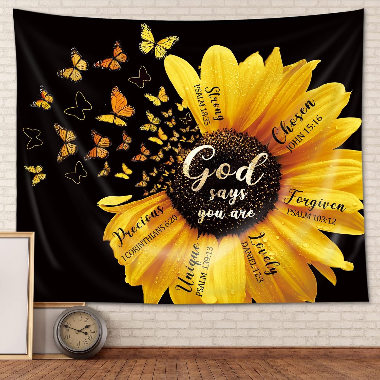 AMBZEK Black Yellow Sunflower Tapestry 51Hx59W Inch Bible Verse Quotes Girl Women Floral Butterfly Bedroom Wall Art Blooming Flower Rustic Country Nature Wall Hanging Living Room Dorm Decor Fabric