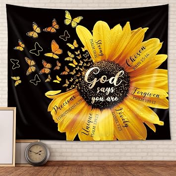 AMBZEK Black Yellow Sunflower Tapestry 51Hx59W Inch Bible Verse Quotes Girl Women Floral Butterfly Bedroom Wall Art Blooming Flower Rustic Country Nature Wall Hanging Living Room Dorm Decor Fabric