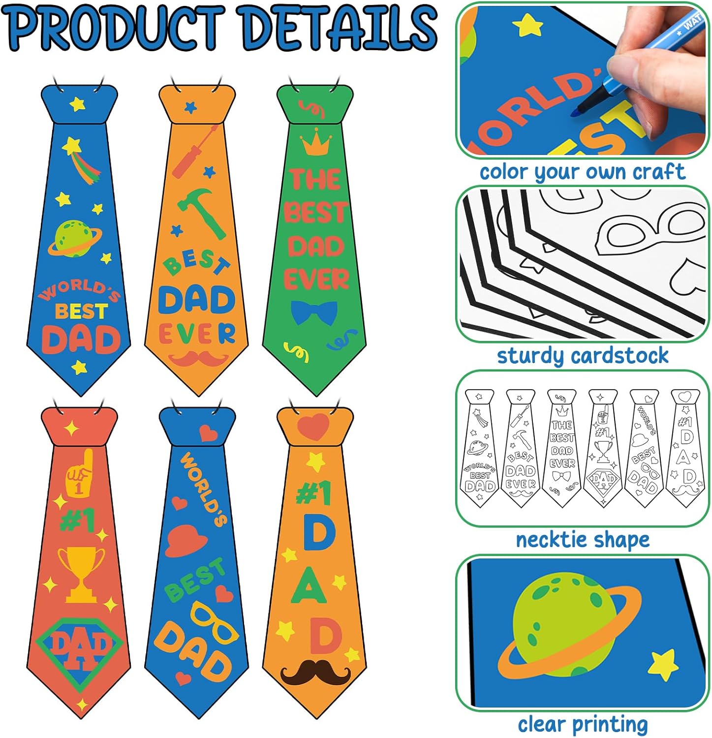 AmazingSpark 48 Set Father's Day Tie Craft for Kids Bulk Color Your Own Father's Day Necktie DIY Crafts Kit Best Dad Gifts from Kids for Dad's Birthday Party Classroom School DIY Fun Activities