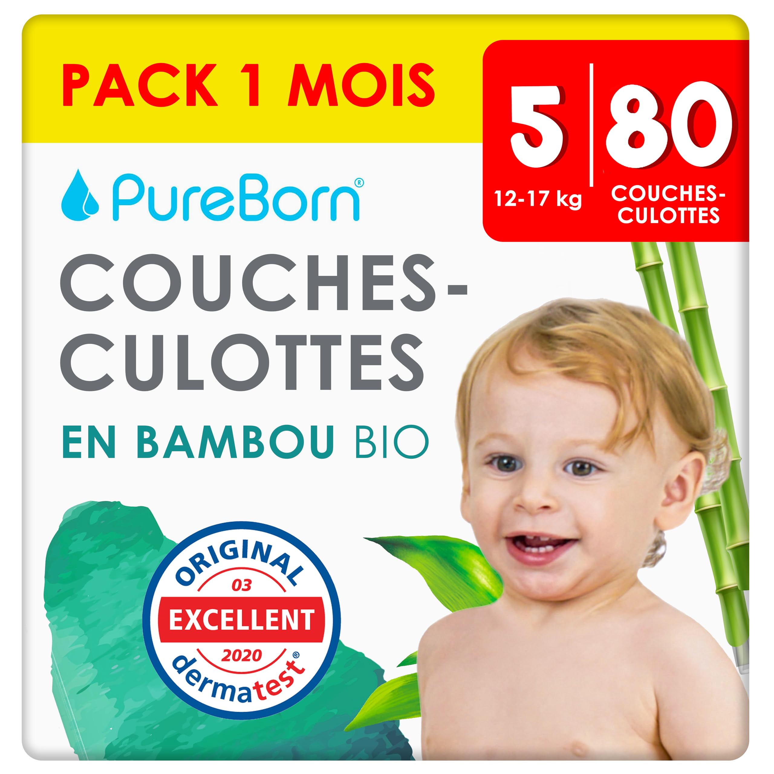 PureBorn 80 Couches Culottes Taille 5 (12-17 kg), Ultra-Absorbantes, Hypoallergéniques, Couches Culottes douces pour Bébé, Testées Dermatologiquement, Anti-fuites en Bambou Naturel