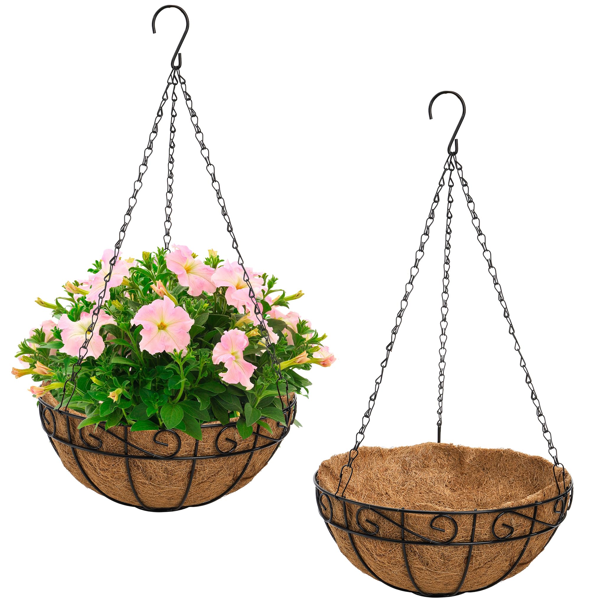 Tosnail 2 Pack 12" Metal Hanging Flower Pots, 12 inch Hanging Planters Plant Basket with Thick Coco Fiber Liners - S Patterns