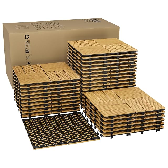Garvee_SC Garvee 33 PCS Acacia Wood Composite Deck Tiles, 12"X12" Solid Wood Interlocking Flooring for Patio & Balcony, All Weather Waterproof Outdoor Indoor Tile for Poolside, Garden, Backyard, Yello