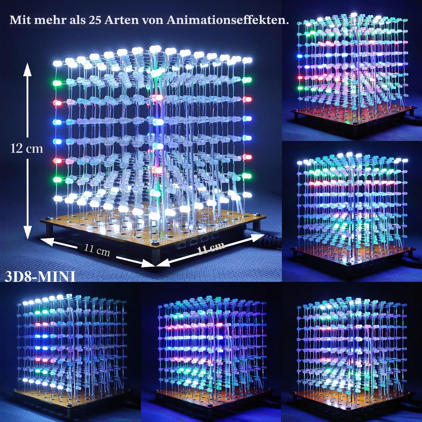 Mini-3D-LED-Würfel, DIY-Elektronik-Set, Löt-Projekt-Kit (3D8MINI-MULTI-KIT)