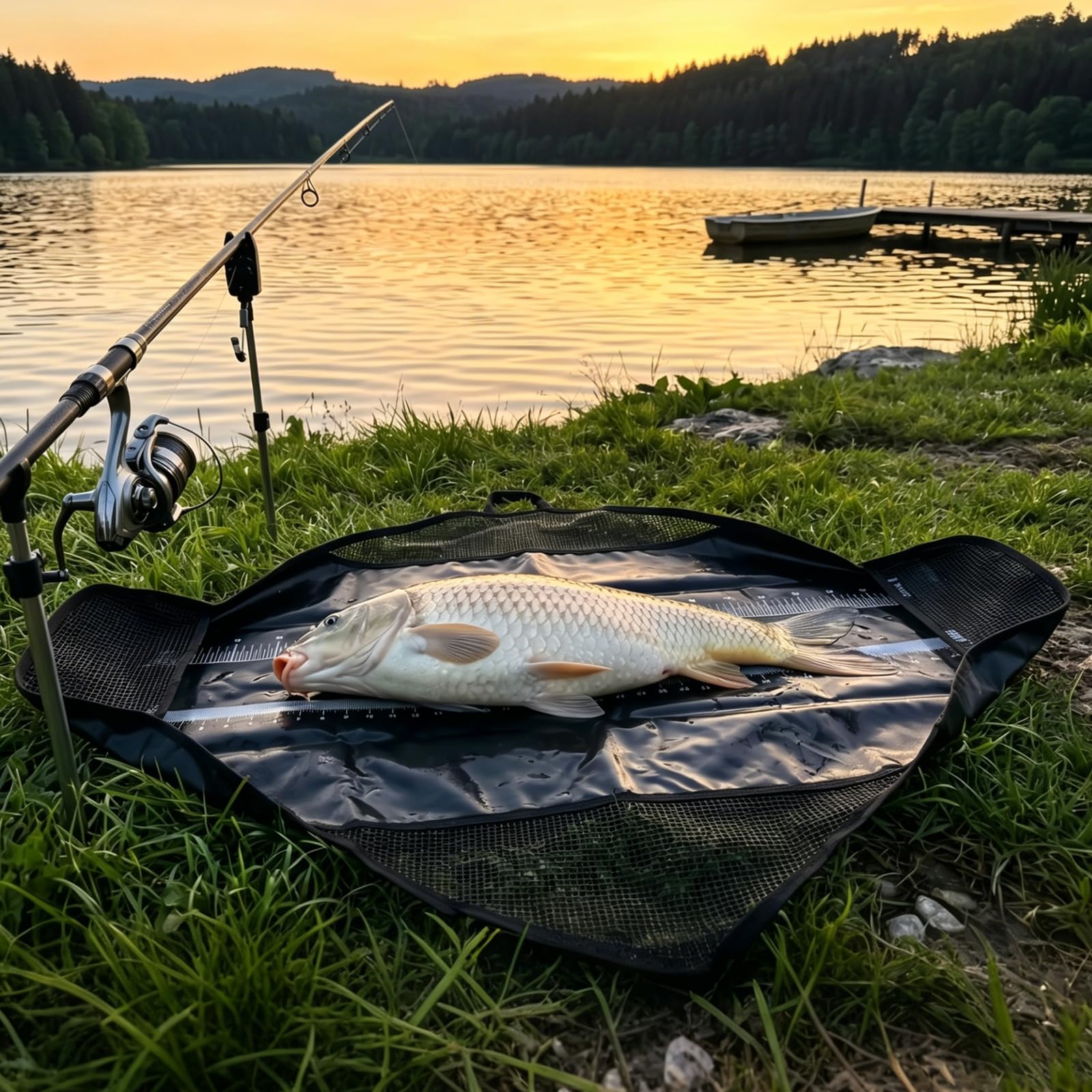 Mata do odhaczania ryb 120 x 65 cm, z taśmą mierniczą, mata do odhaczania ryb drapieżnych z uchwytami, do transportu i wagi, wodoszczelna mata do ważenia karpia