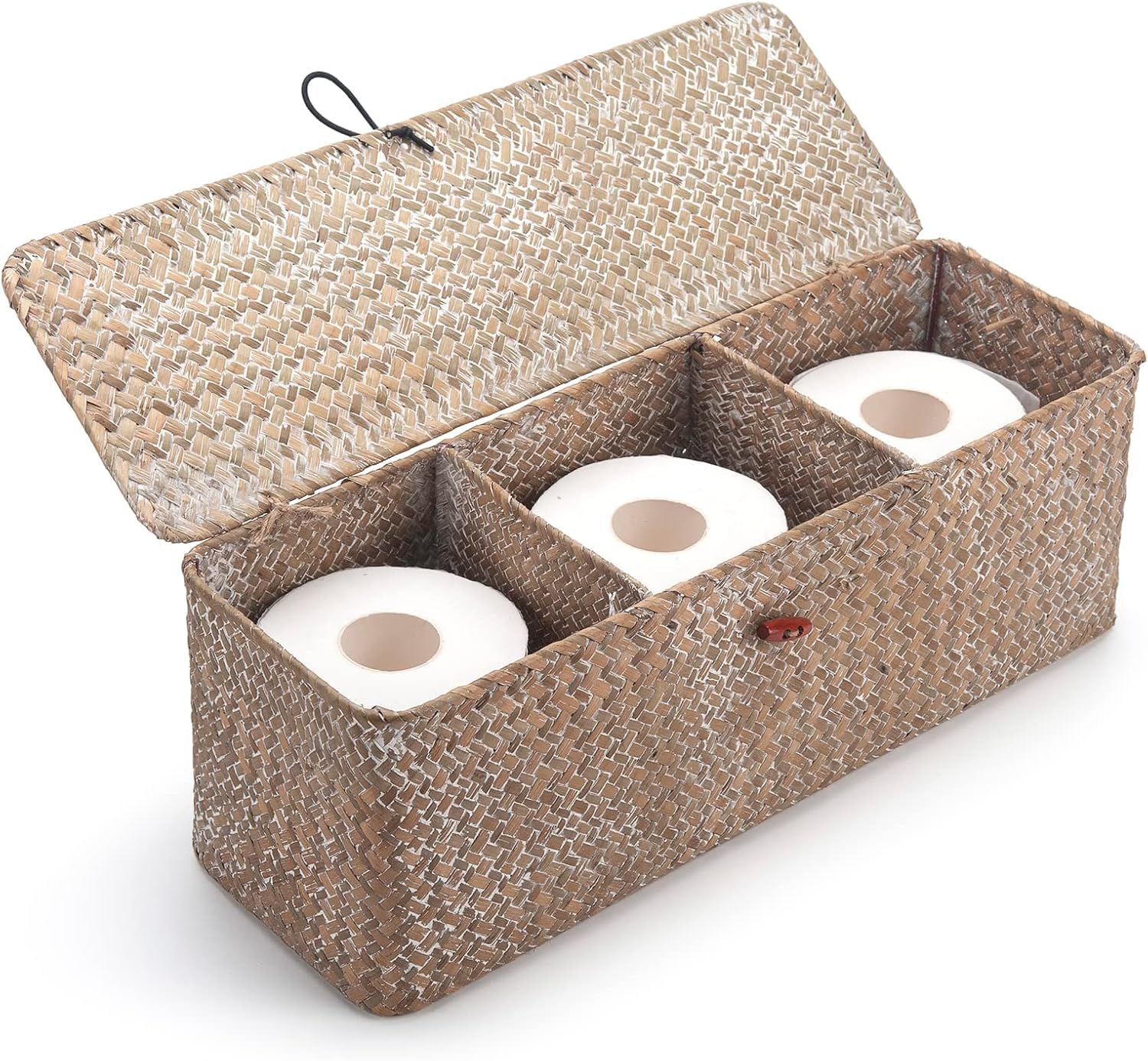 Seagrass Storage Basket for Bathroom - Wicker Toilet Tank Basket with Lid - Woven Storage Box for Organizing (Whitewash, 16.5" x 5.5" x 5.5")