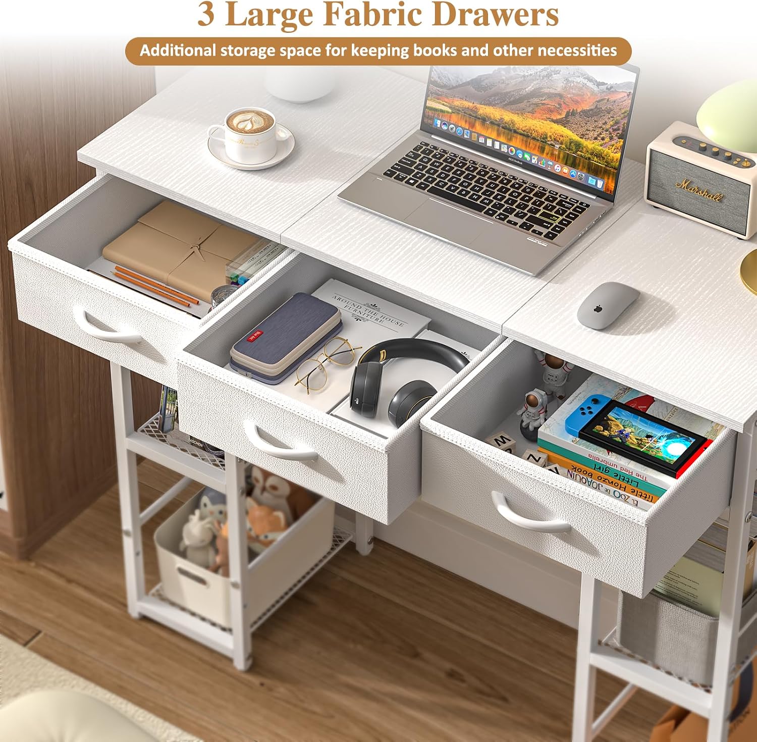 ThreeHio White Computer Desk with Drawers, 35.5 Inch Home Office Work Table with Bookshelf, Kids Teens Study Writing Table for Small Space, Small Simple PC Desk for Bedroom Makeup Vanity Desk