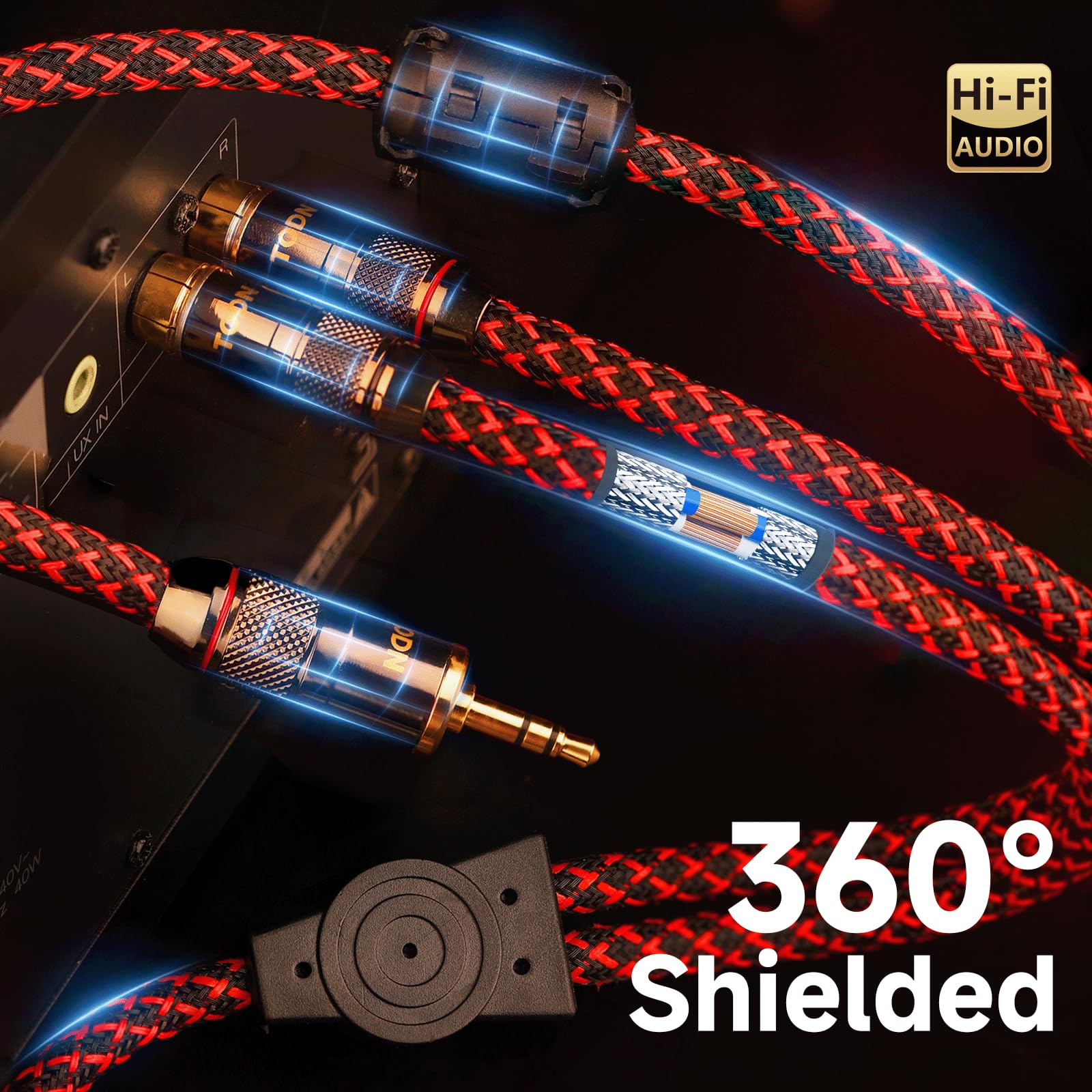 TODN Audiophiles - Cable de audio RCA a 3,5 mm con OFC de 4 núcleos, cable RCA a AUX blindado para smartphone/tabletas a altavoz/amplificadores/estéreo (1,5 m)