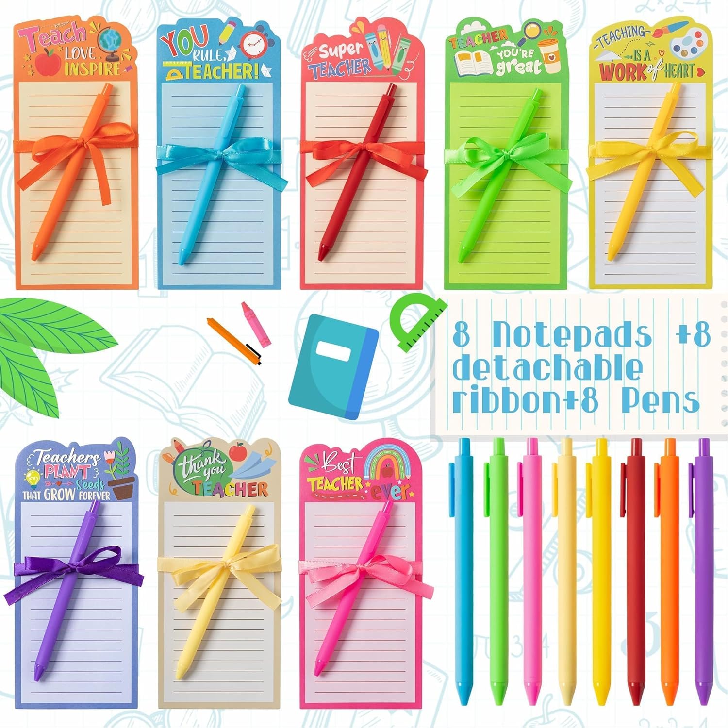 ANGOLIO 8 Sets Funny Teacher Notepads with Pens, Teacher Appreciation Gifts Motivational Memo Pad Shopping List for Office School Supplies, Classroom Reward Gift for Student Birthday Summer Exchange