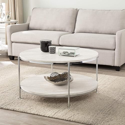 Southern Enterprises Silas Round Faux Stone Cocktail Coffee Table, silver