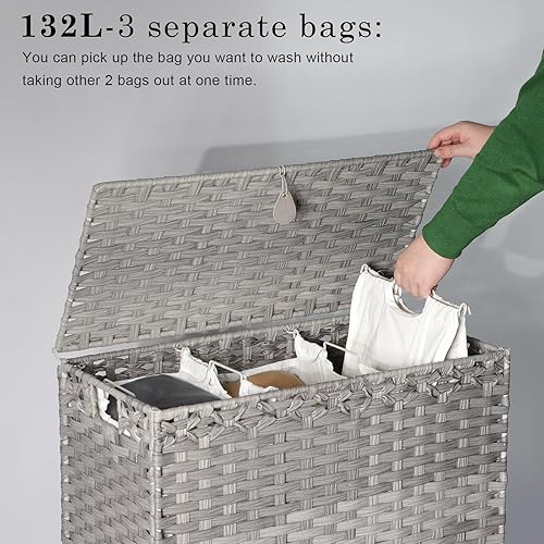 Miniatura 10 de Cesta de lavandería con 3 bolsas extraíbles con forro extraíble, cesta de lavandería de ratán tejida a mano de 132 litros con pies elevados de