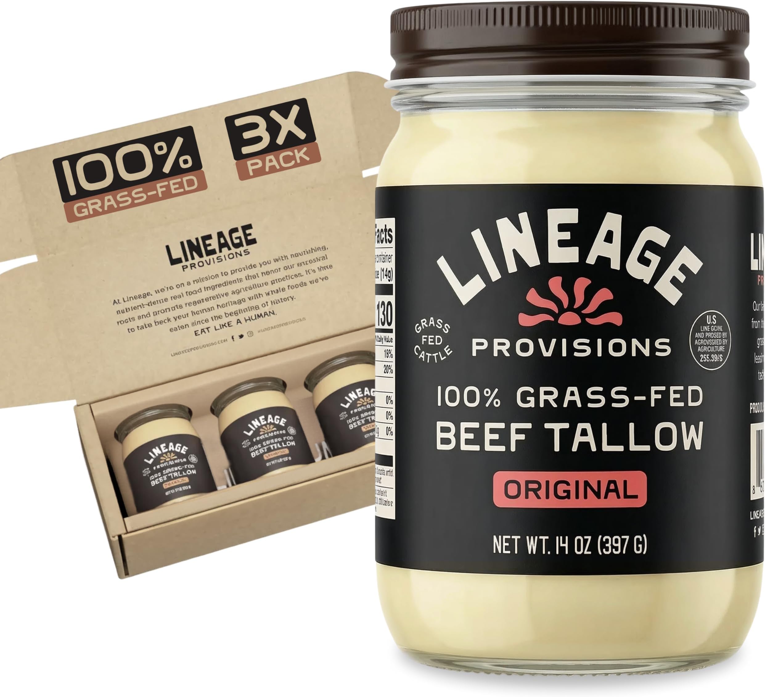 Lineage Provisions - 100% Grass-Fed & Finished Beef Tallow – 3-Pack Glass Jars – US-Raised Cattle – Nose-to-Tail Rendered – Cooking Oil Alternative, Keto & Paleo Friendly