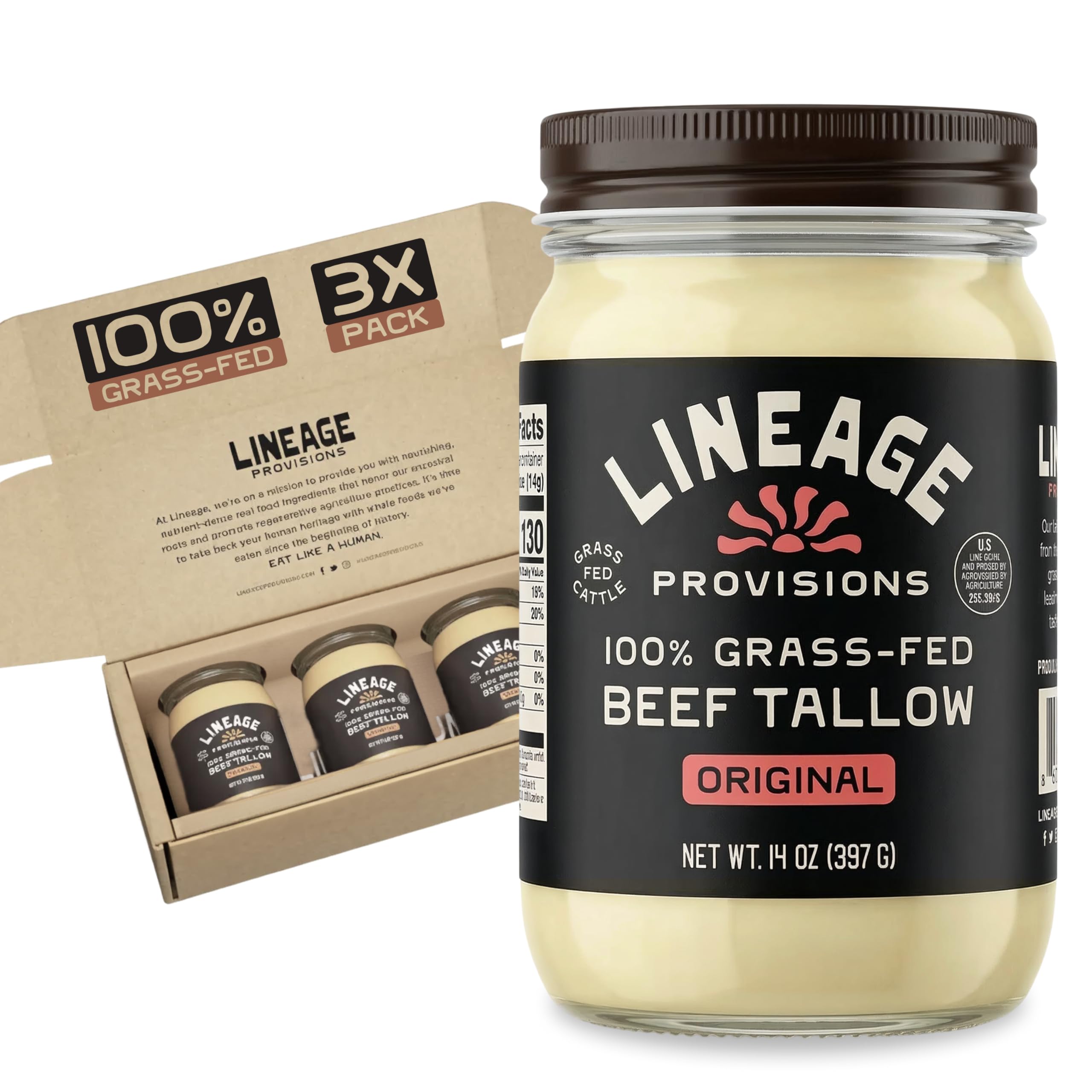 Lineage Provisions Grass-Fed Beef Tallow, 3-Pack Glass Jars