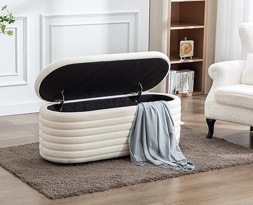 Miniatura 3 de Kmax Banco de almacenamiento de 45 pulgadas, banco otomano tapizado de piel sintética para dormitorio, sala de estar, pasillo, color blanco