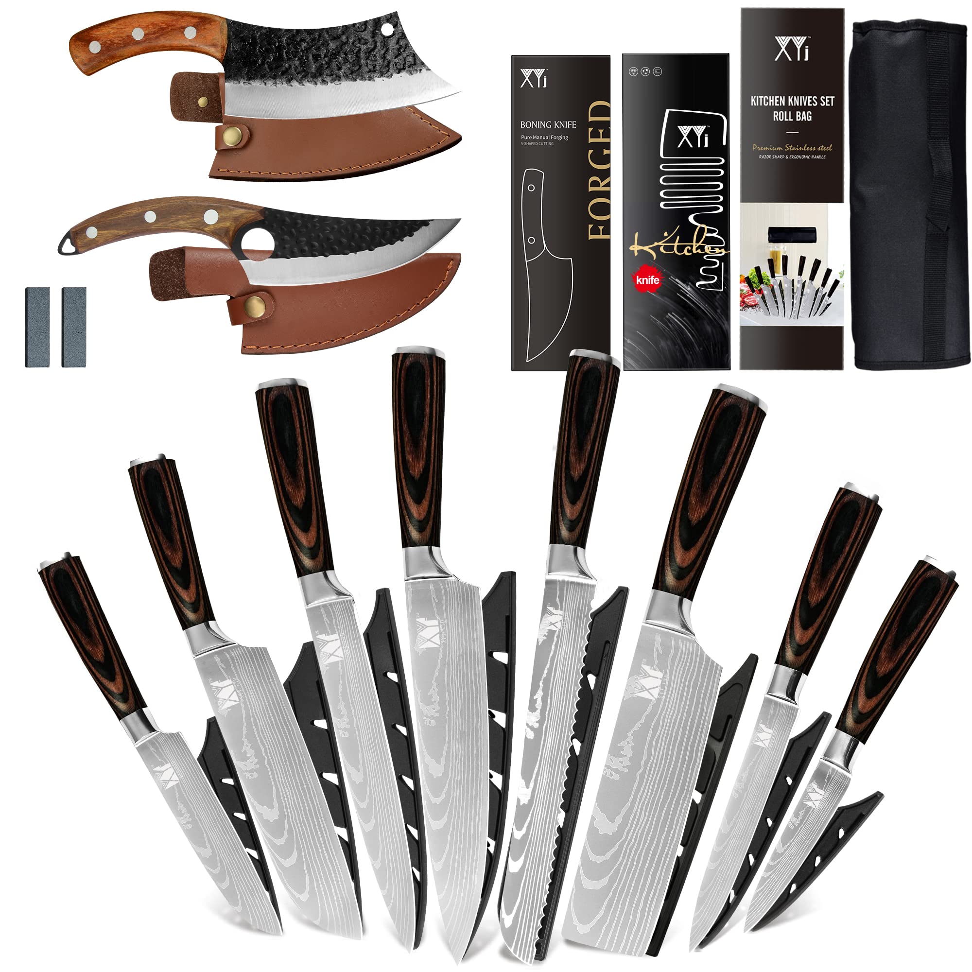 XYJStainless Steel Boning Chef Knife Professional Kitchen Knives Set With Leather Sheath & Roll Carry Bag For Meat Fish Vegetable