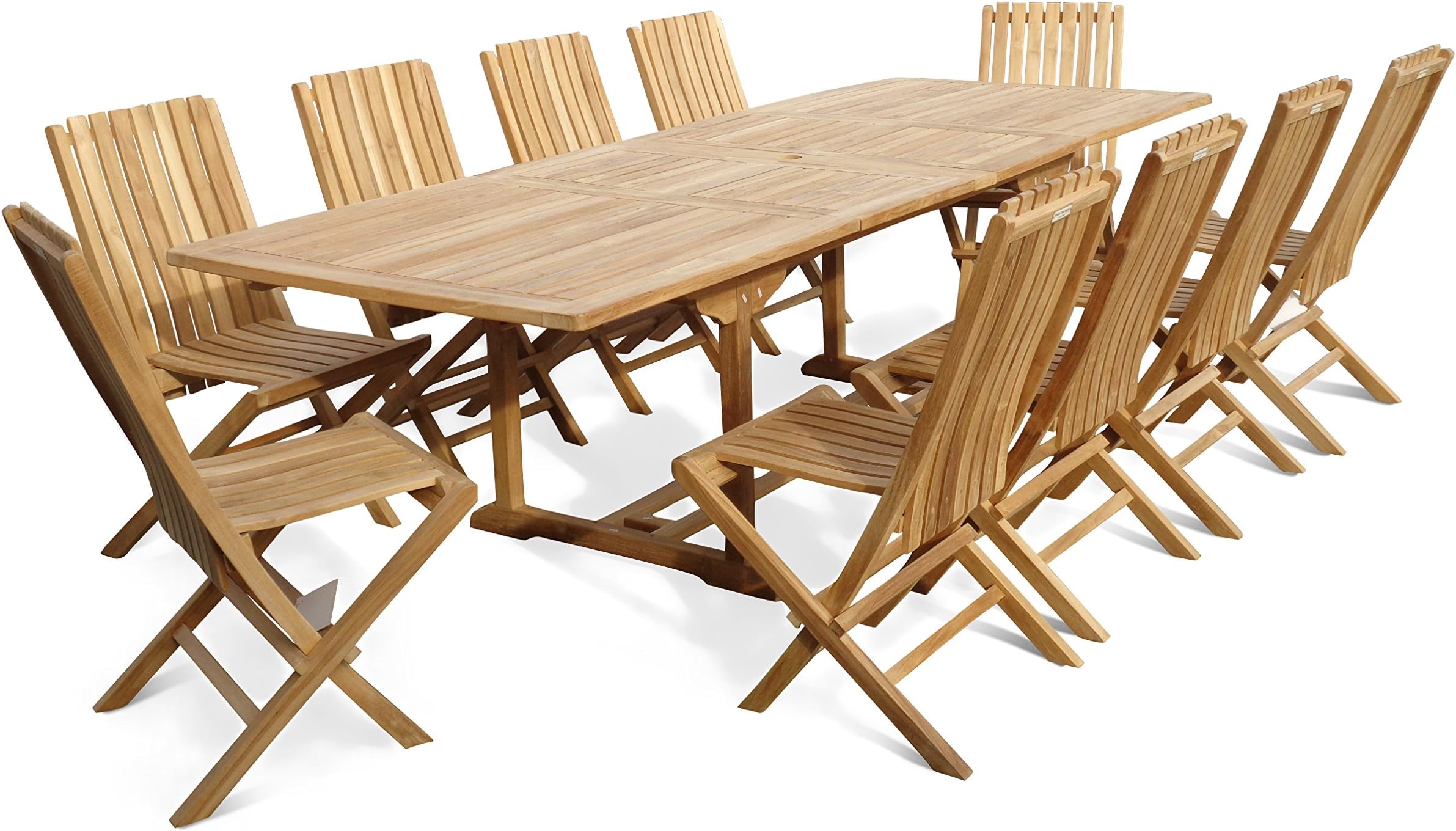 Windsor's Premium Grade A Teak 108"x39" Rectangular Double Extension Table w/10 Java Folding Chairs w/Lumbar Support Back, 5 Yr Wrty, World's Best Outdoor Furniture! Teak Lasts A Lifetime!