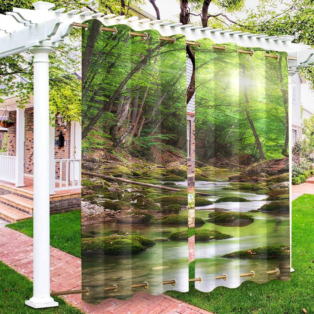 Hiseng Outdoor Curtains Waterproof for Garden Pergola Gazebo Patio, 3D 2 Panels Windproof Blackout Privacy Gazebo Curtains with Grommets on Top and Bottom -Waterfall Printed (Sunlight,106x160cm)