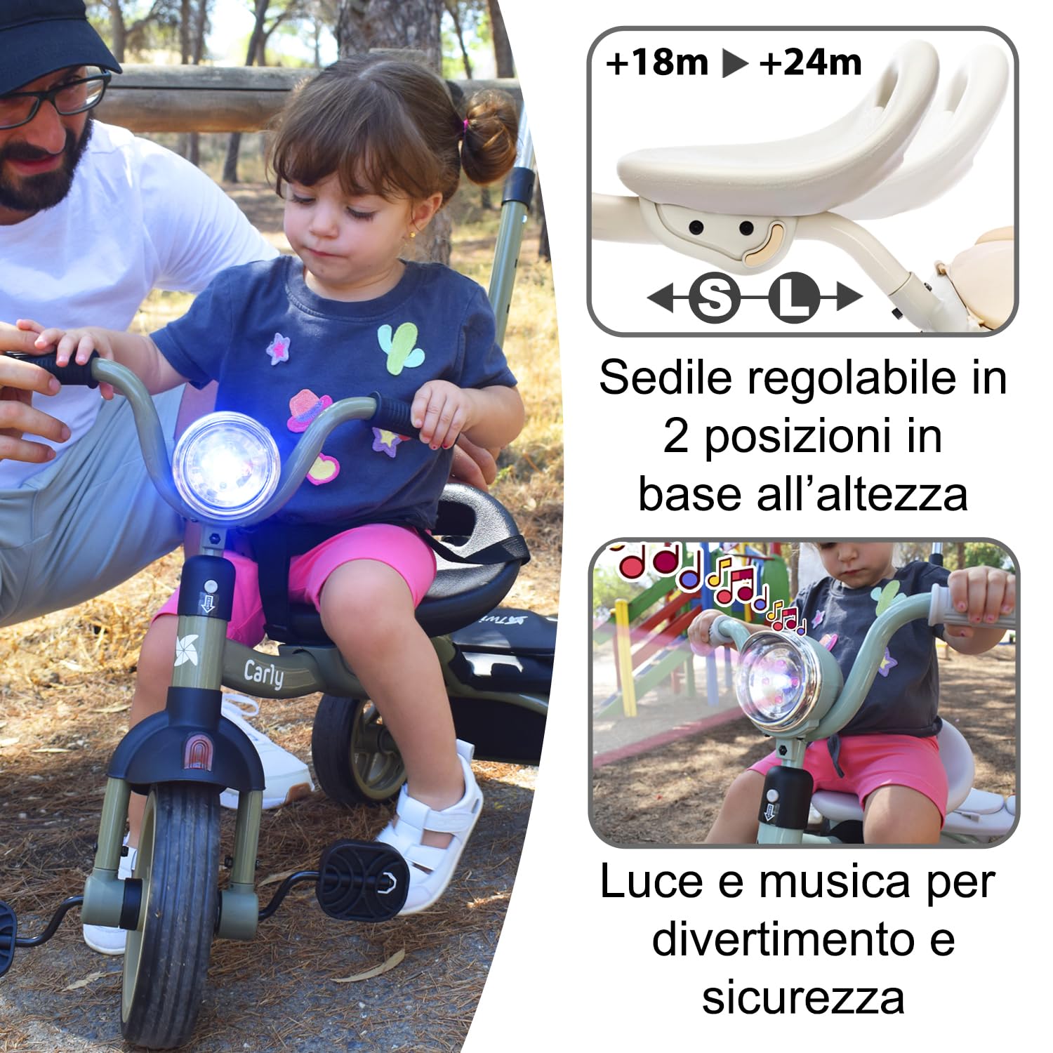 Twinly Triciclo Evolutivo per Bambini Pieghevole per bambini 1-5 Anni - Triciclo per Bambini Leggero e Compatto - Manubrio con Luce e Suono, Cestino e Barra di Spinta Regolabile Carly (Bianco)