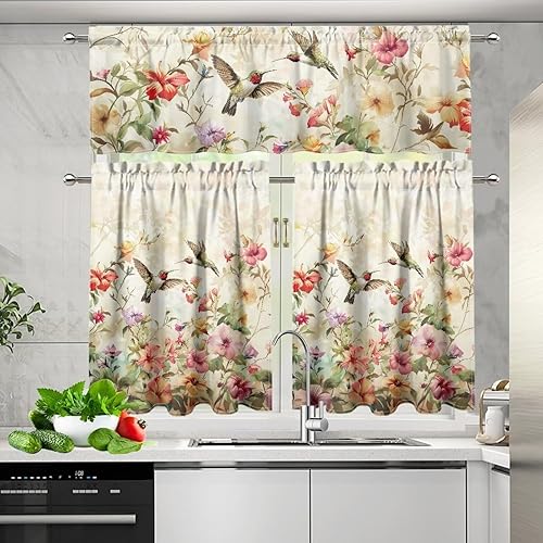 Miniatura 5 de Juego de 3 cortinas de cocina con diseño de colibrí, cenefa y nivel, con bolsillo para cortinero, cortinas pequeñas para cafetería, para el hogar,