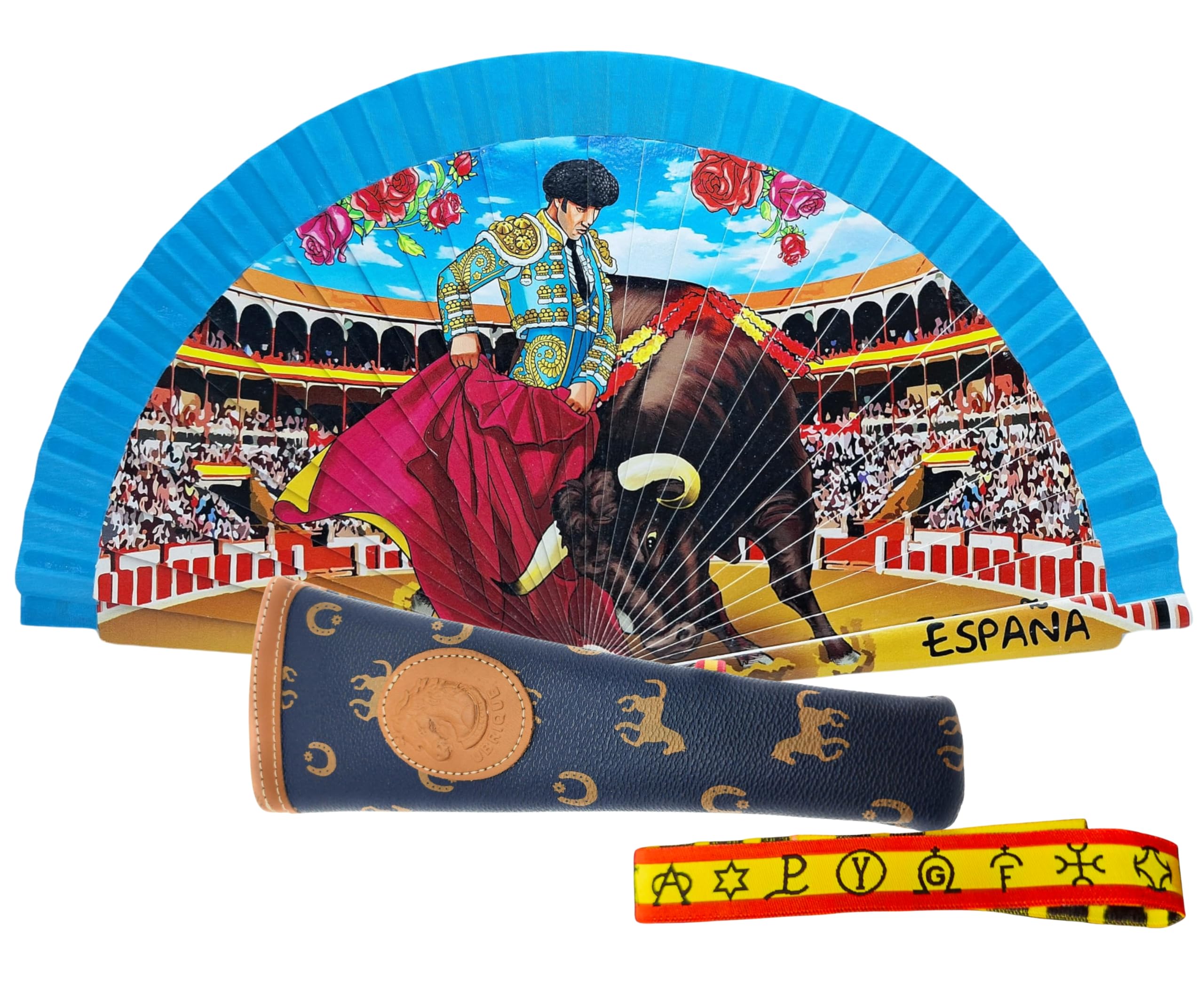 Pack de Abanico con Dibujo Taurino con Funda Artesanal Hecha en Ubrique y Pulsera de Tela – Diseño Tradicional Español Souvenir o Regalo (Azul Toros)