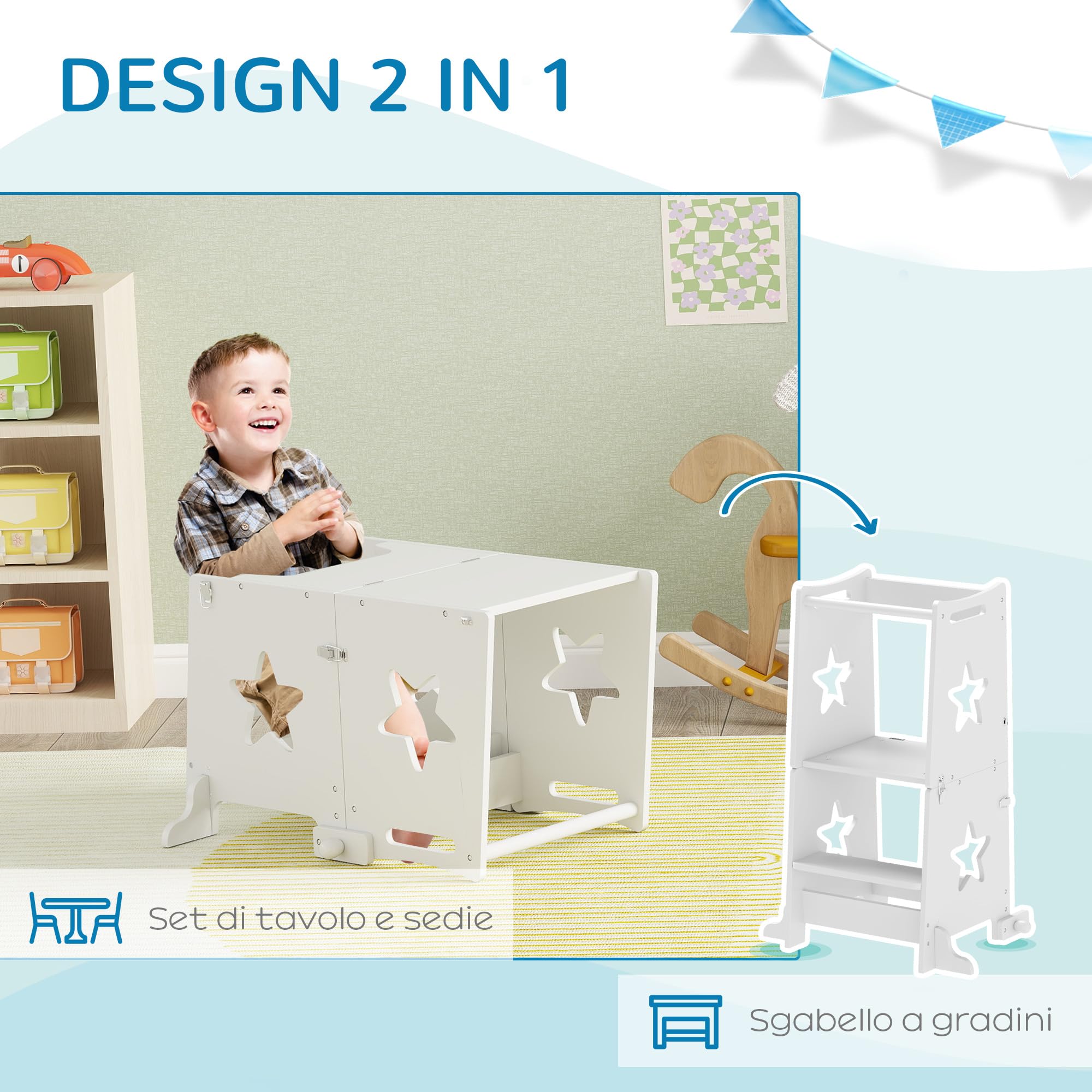 AIYAPLAY Torre Montessoriana Bambini Convertibile Set Tavolo Sedie Barra Sicurezza Sgabello Legno 3-6 Anni Apprendimento Bagno Cucina Toilette Bianco