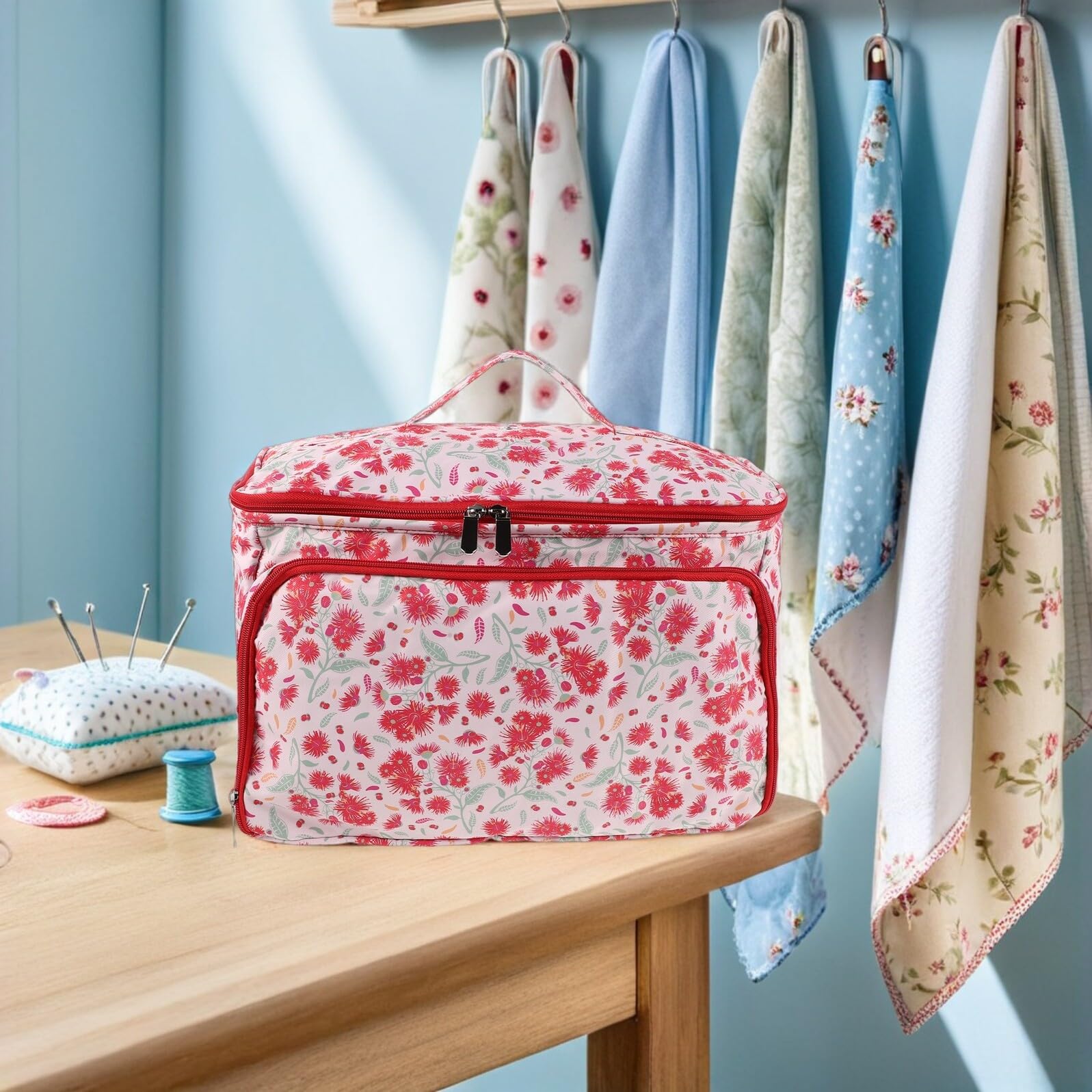 Aufbewahrungstasche für Strickgarn Häkelnadeln Wetterfeste Outdoor Garnbox mit Pusteblumenstickerei Geräumig Handlich Rot mit Trageschlaufe Häkel Organizer für Reisen