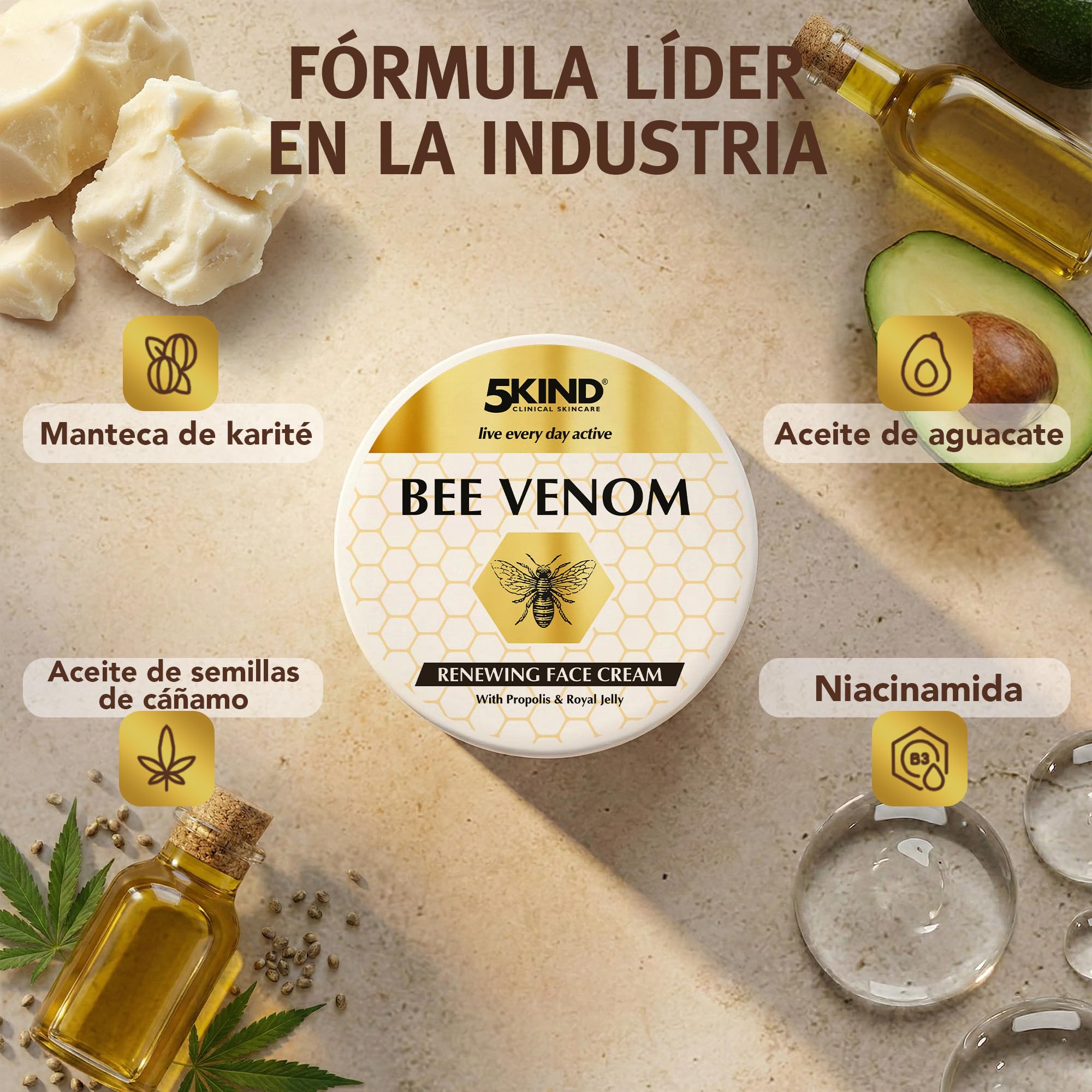 5Kind Crema Facial Renovadora con Veneno de Abeja, Propóleo y Jalea Real 100 ml - Crema Facial Antienvejecimiento con Veneno de Abeja - Crema Antiarrugas con Veneno de Abeja - Bee Venom Cream