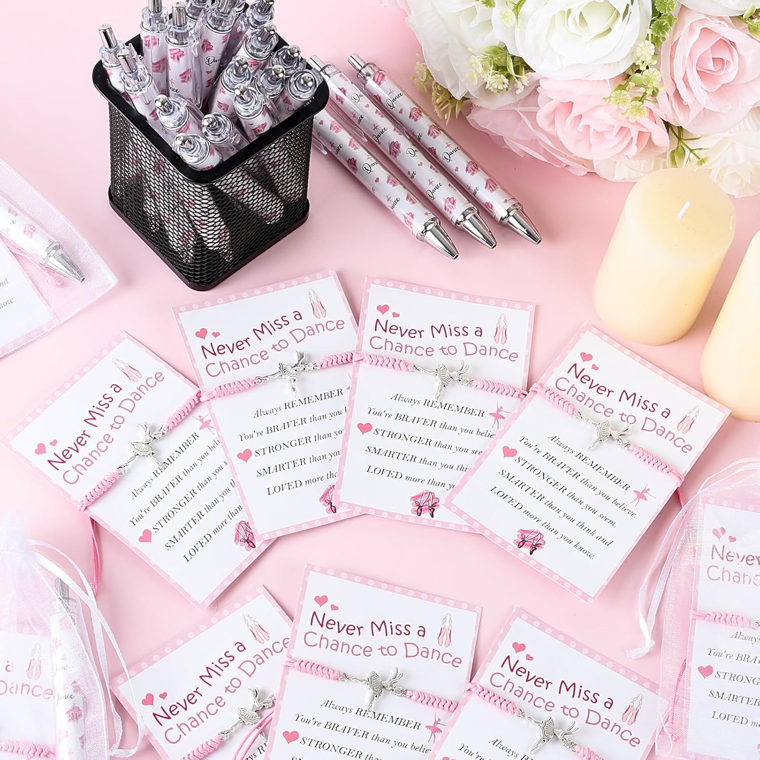 48 Sets Dance Gift Bulk for Adults Dance Pens Dance Bracelets with Organza Bags Information Card for Dancing Competition Team Graduation Party Charm Jewelry Favor