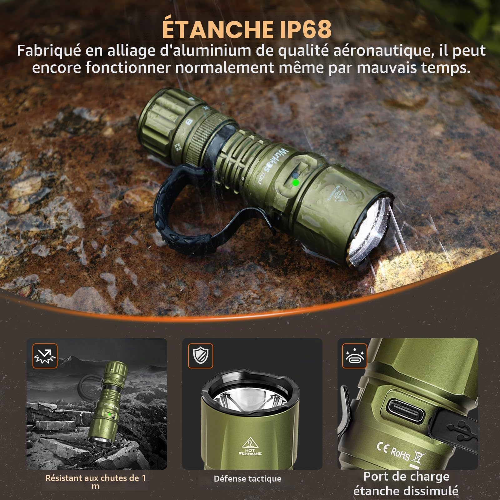 Wurkkos TD07 - Lampe de poche tactique LED extrêmement lumineuse - 1300 lumens - Rechargeable - Turbo/stroboscope instantané - Étanche IP68 - Pour le camping d'urgence - Vert