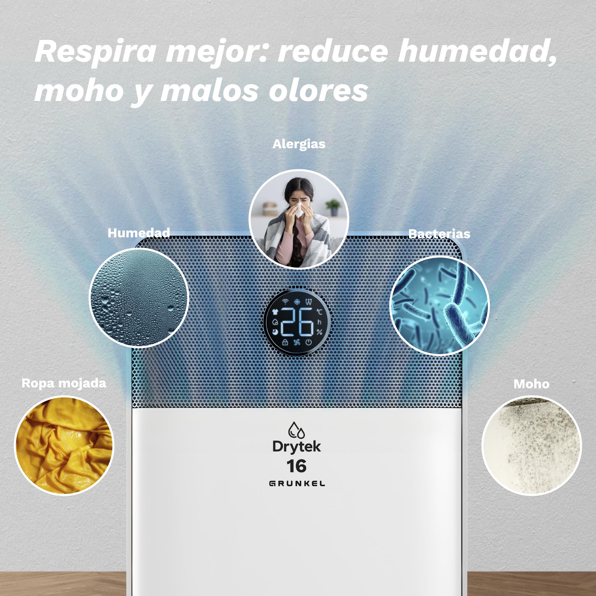 Grunkel Drytek Deshumidificador portátil 10L/día con WiFi y app, drenaje continuo, panel táctil, 100m³/h, depósito 2L, 240W bajo consumo, silencioso 42dB y temporizador 24h (16L/día)