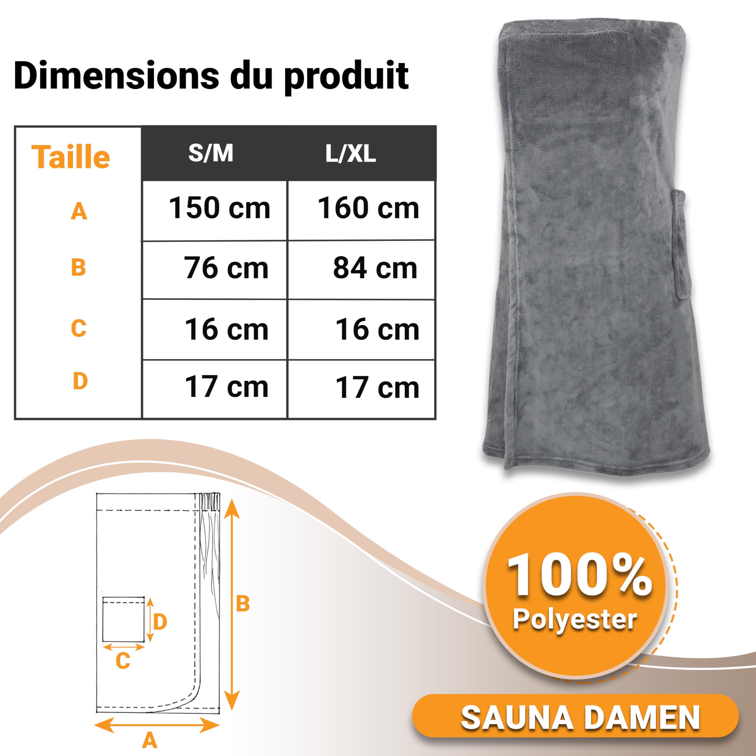 ZOLLNER Kilt de sauna pour femmes gris polyester lavable 40°C
