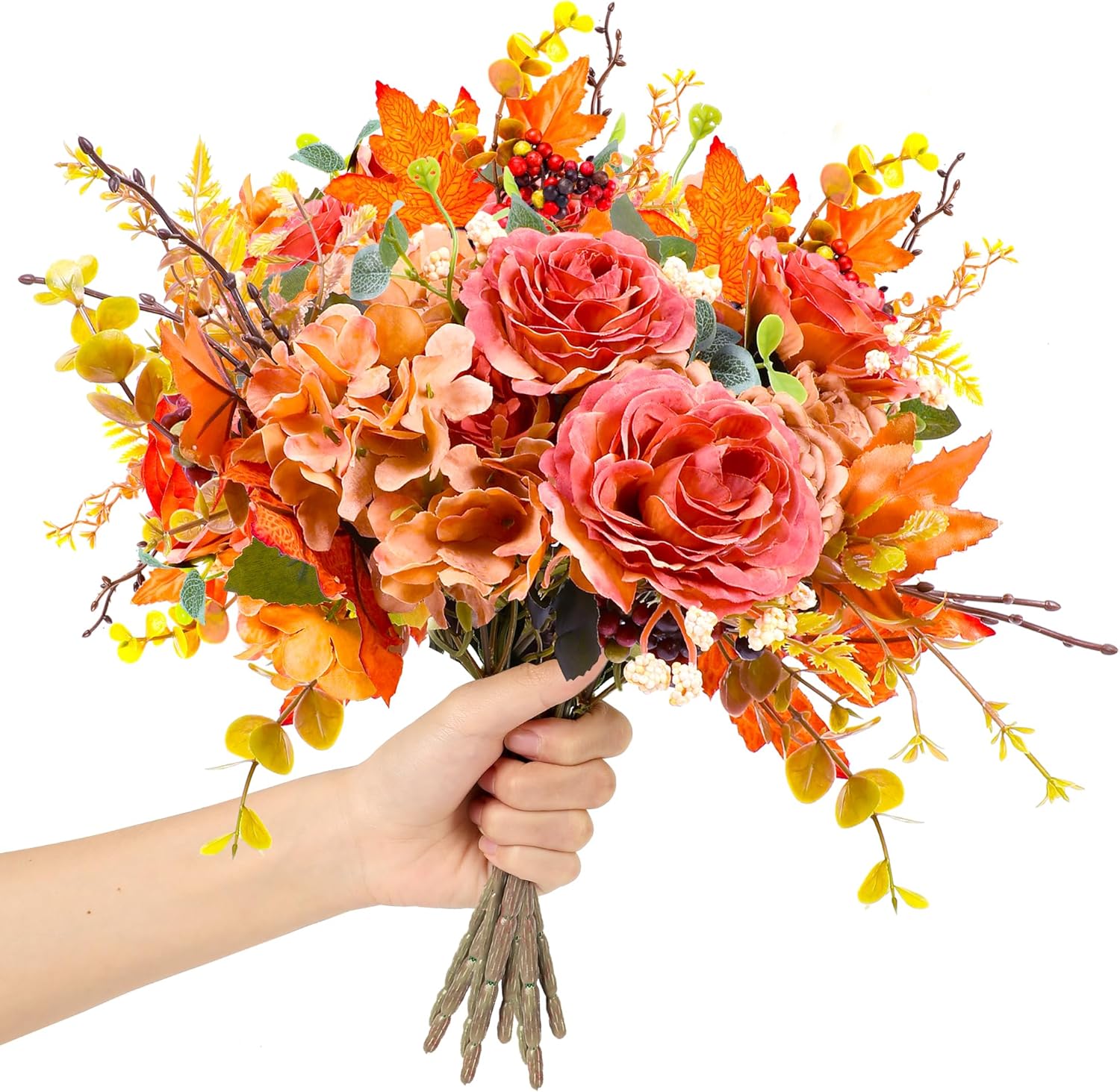Sawowkuya Artificial Fall Flowers Bouquets, Autumn Fake Silk Orange Flowers Wedding
