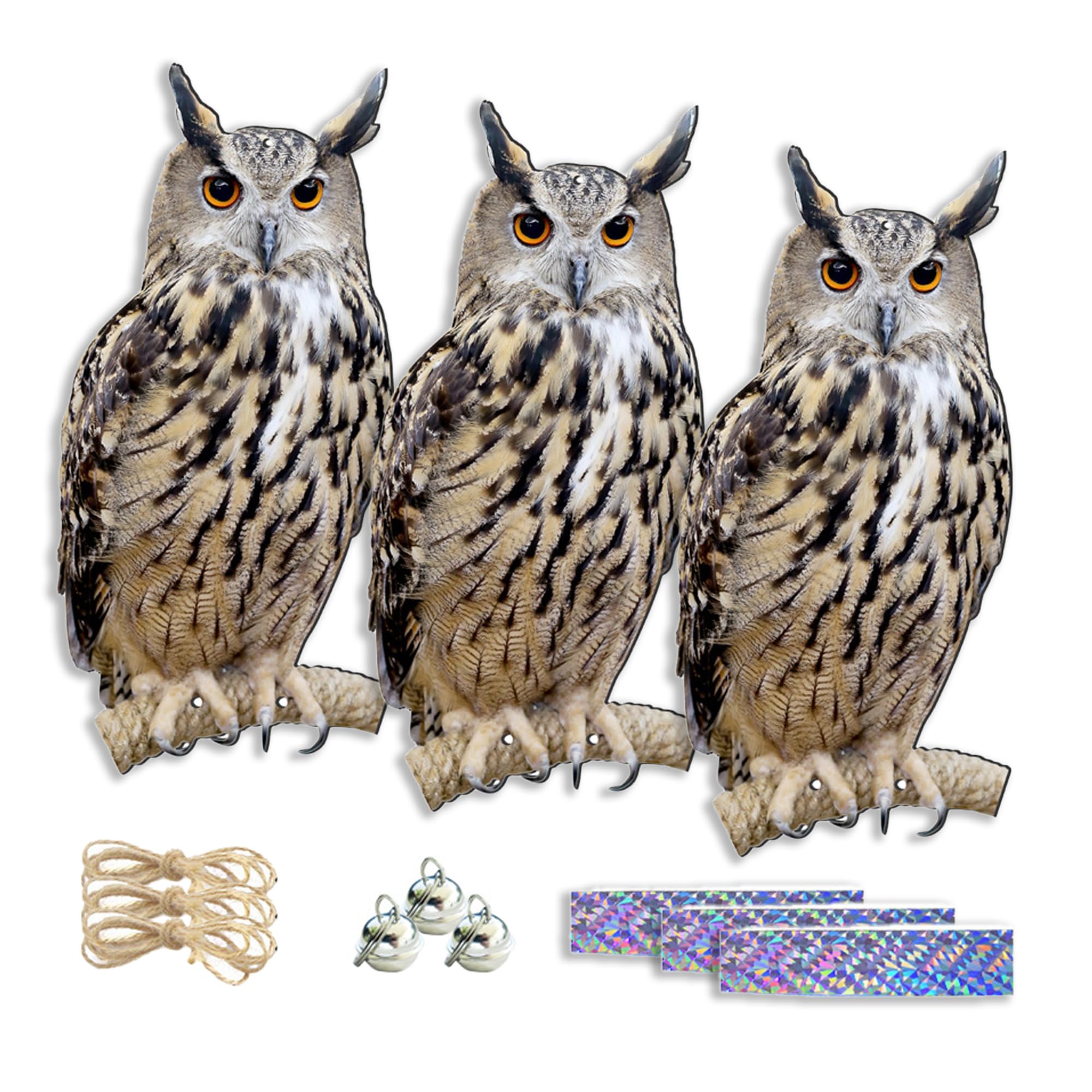 HORIWE Fake Owl to Keep Birds Away 3pcs Owl Reflective Hanging Birds Scarer Garden Decoration with Reflection Type & Bells & Hemp Rope PVC Decoration for Garden Yard Outdoor Farm
