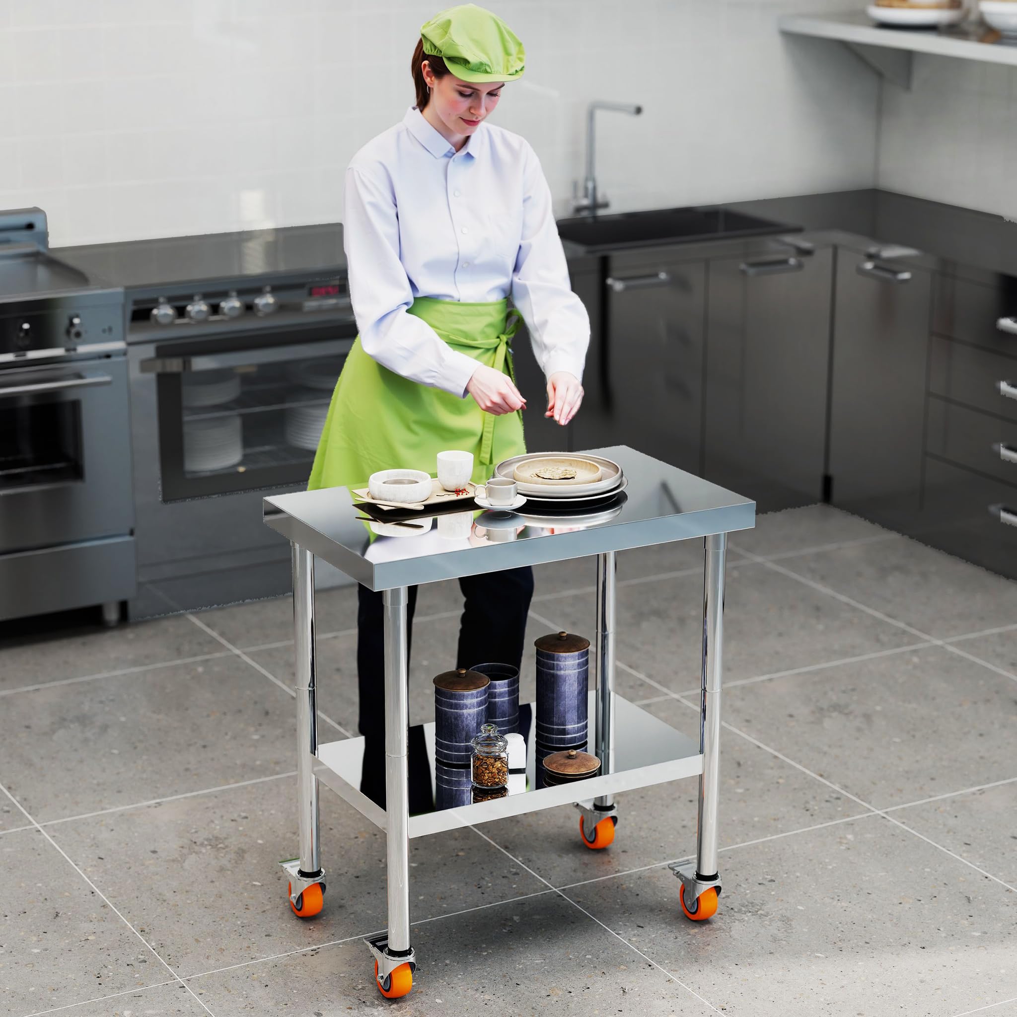 AufuN Mesa de trabajo de acero inoxidable, 61 x 60 x 85 cm, con ruedas y 2 niveles, mesa de trabajo móvil para cocina, comercio, restaurante y hotel, mesa de preparación de alimentos de acero