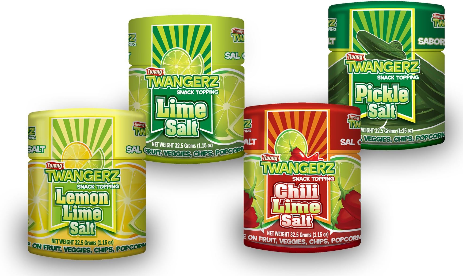 Seasoning Salt Blend for Foods and Snacks - Four Flavors Including Lemon Lime, Lime, Pickle and Chili Lime - Convenient 1.15 Ounces Shakers to Sprinkle on Fruit, Veggies, Chips, Popcorn, Meat and Seafood for a Zesty Treat (4 Shakers 1 of Each Flavor)